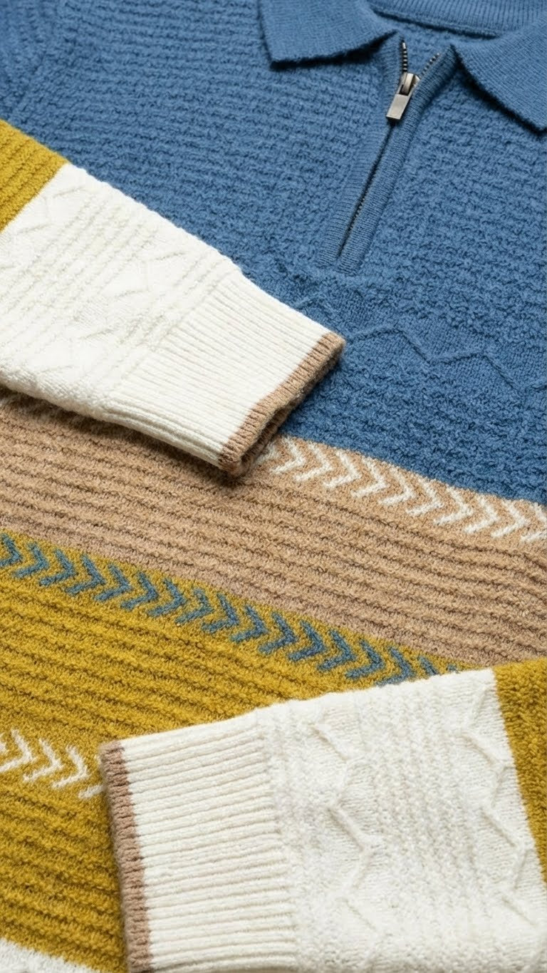 Men’s Premium Multicolor Knitted Cotton Polo – Textured Zip Collar