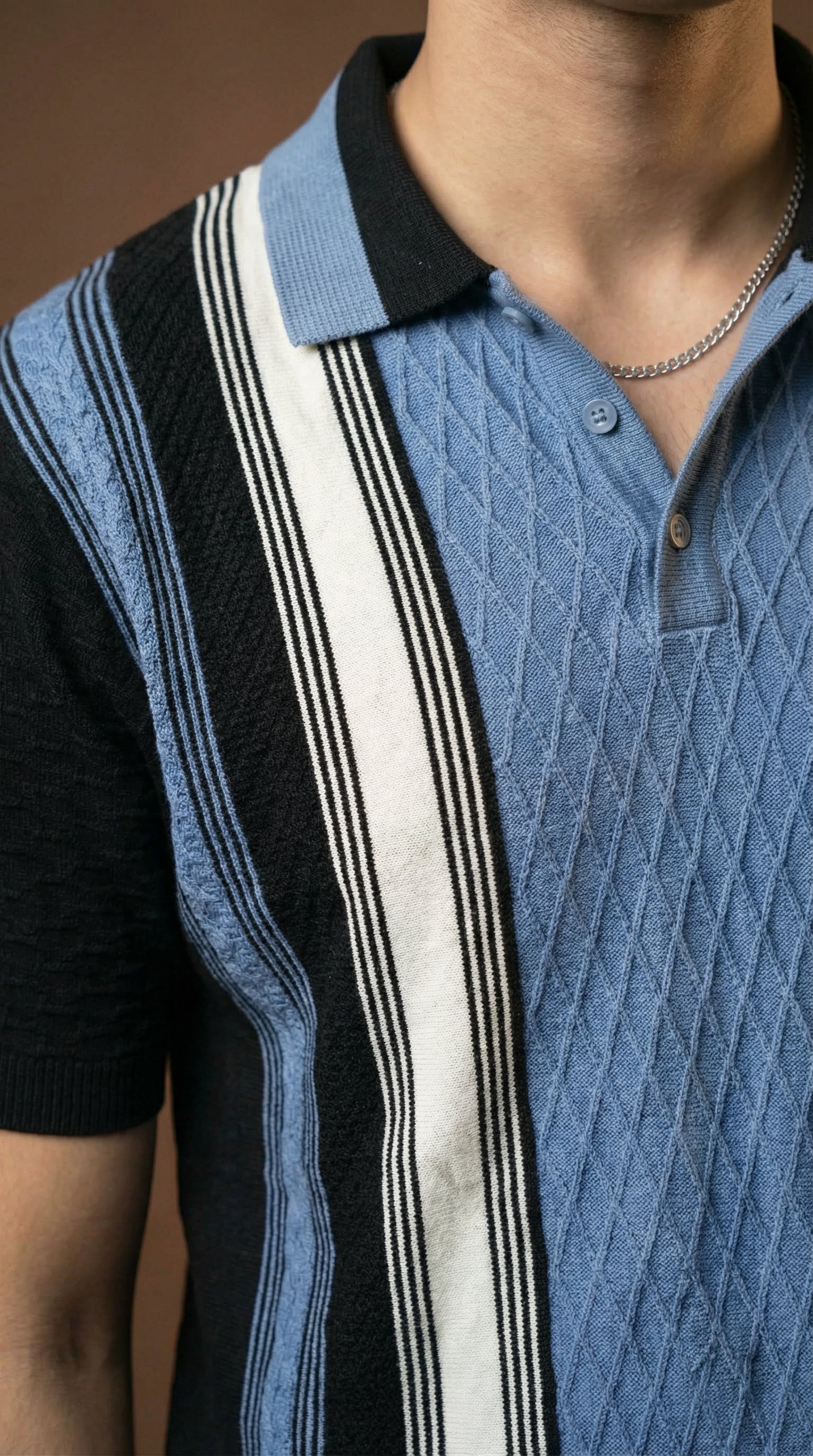 Men's Cable Knit Striped Polo - Navy Multi Color Cotton