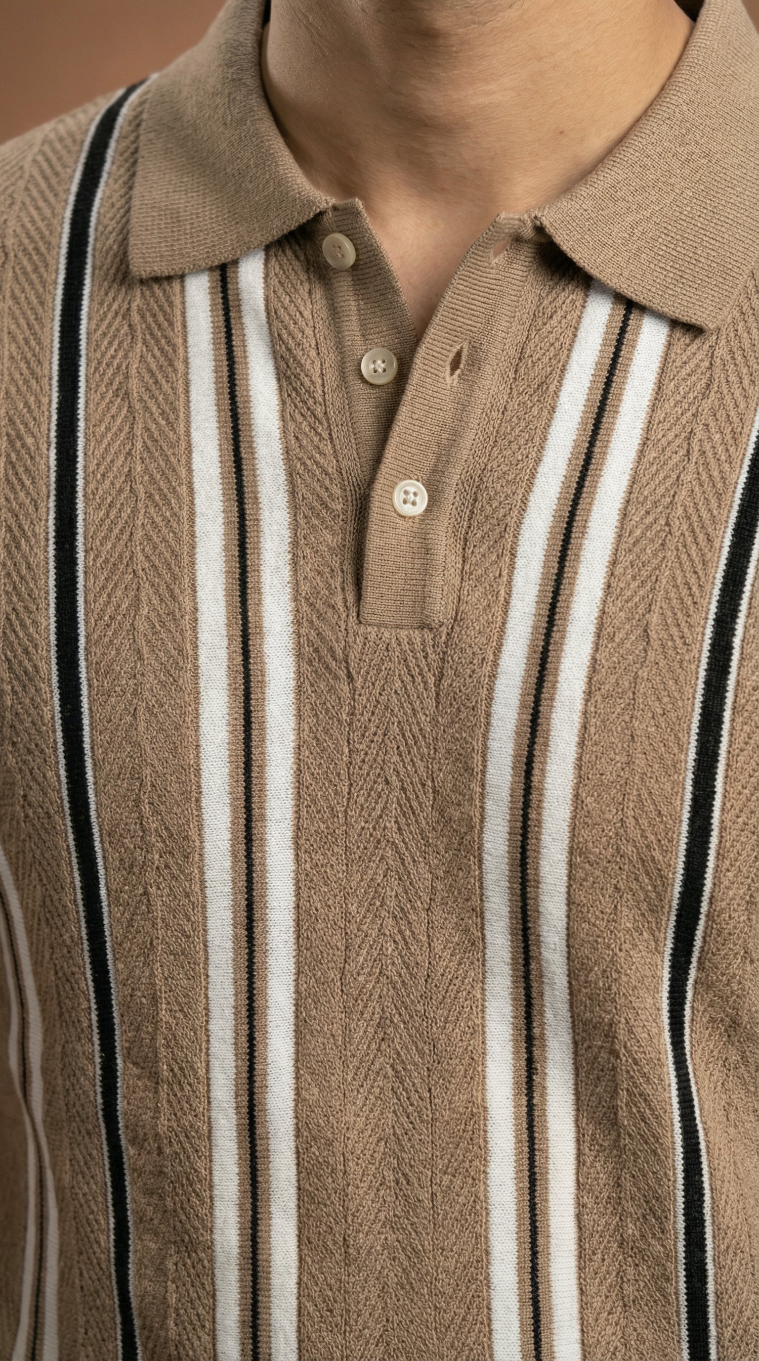 Men's Vintage Cable Knit Polo  - Camel Brown Cotton Knitted
