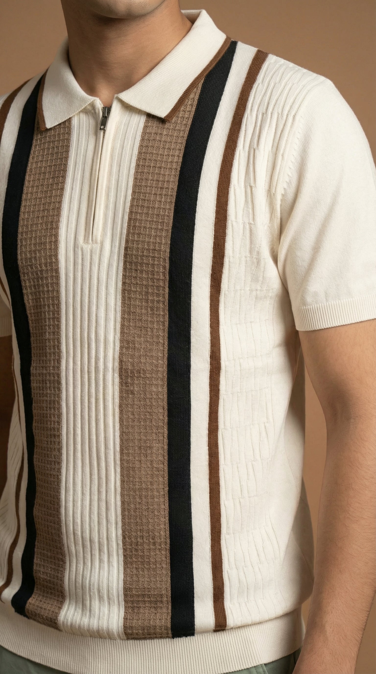Men's Textured Panel Zip Polo  - Cream Multi Cotton Knitted