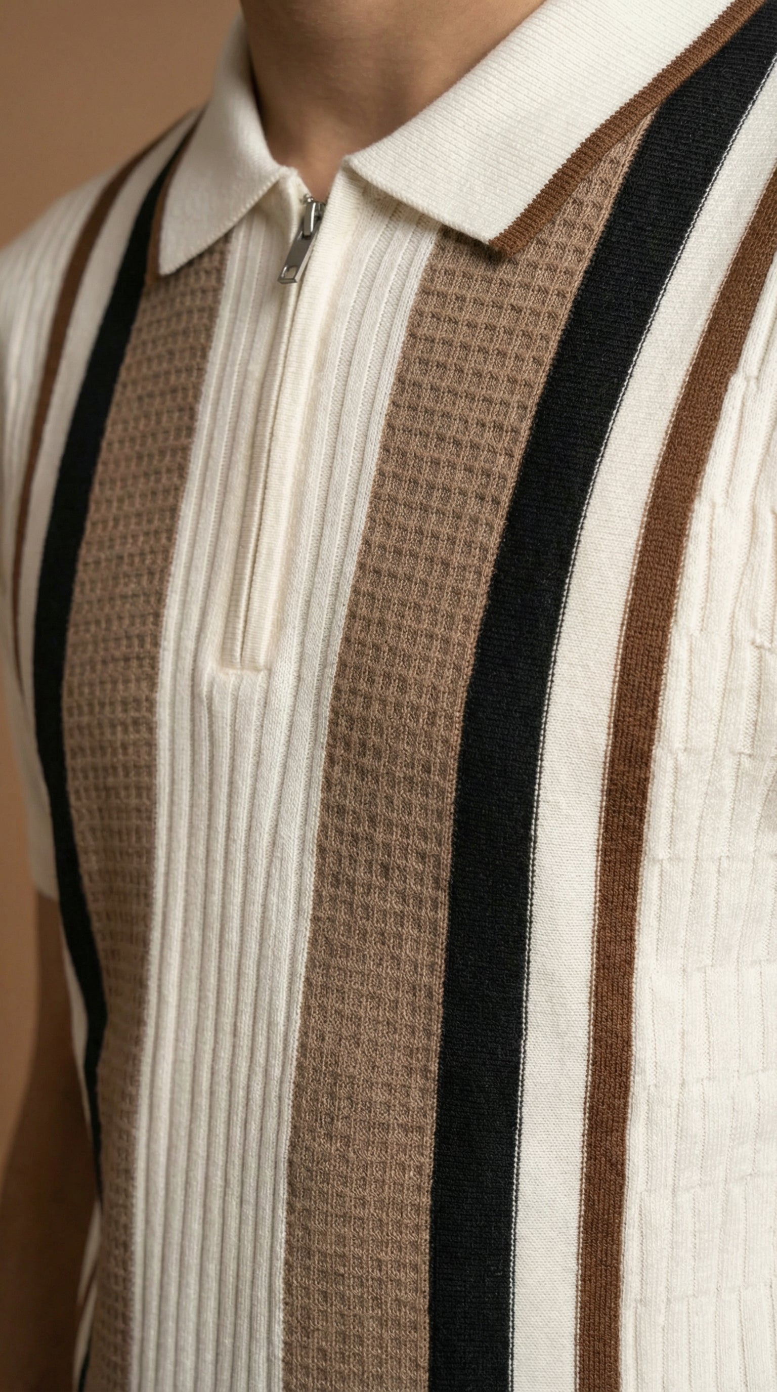 Men's Textured Panel Zip Polo  - Cream Multi Cotton Knitted