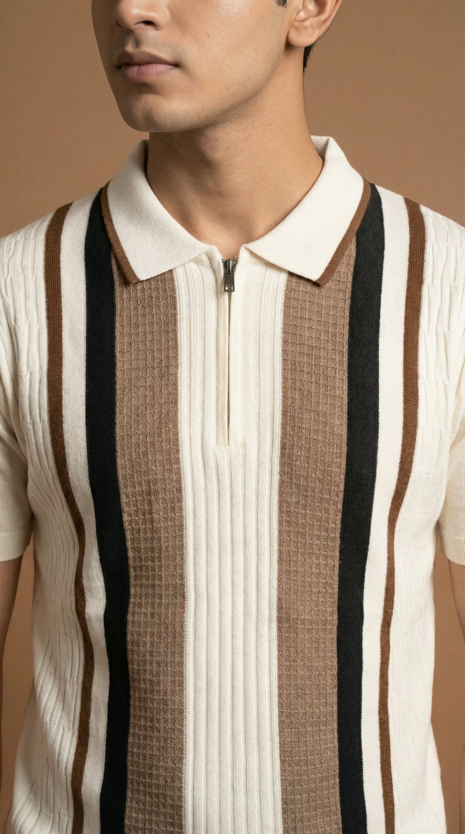 Men's Textured Panel Zip Polo  - Cream Multi Cotton Knitted