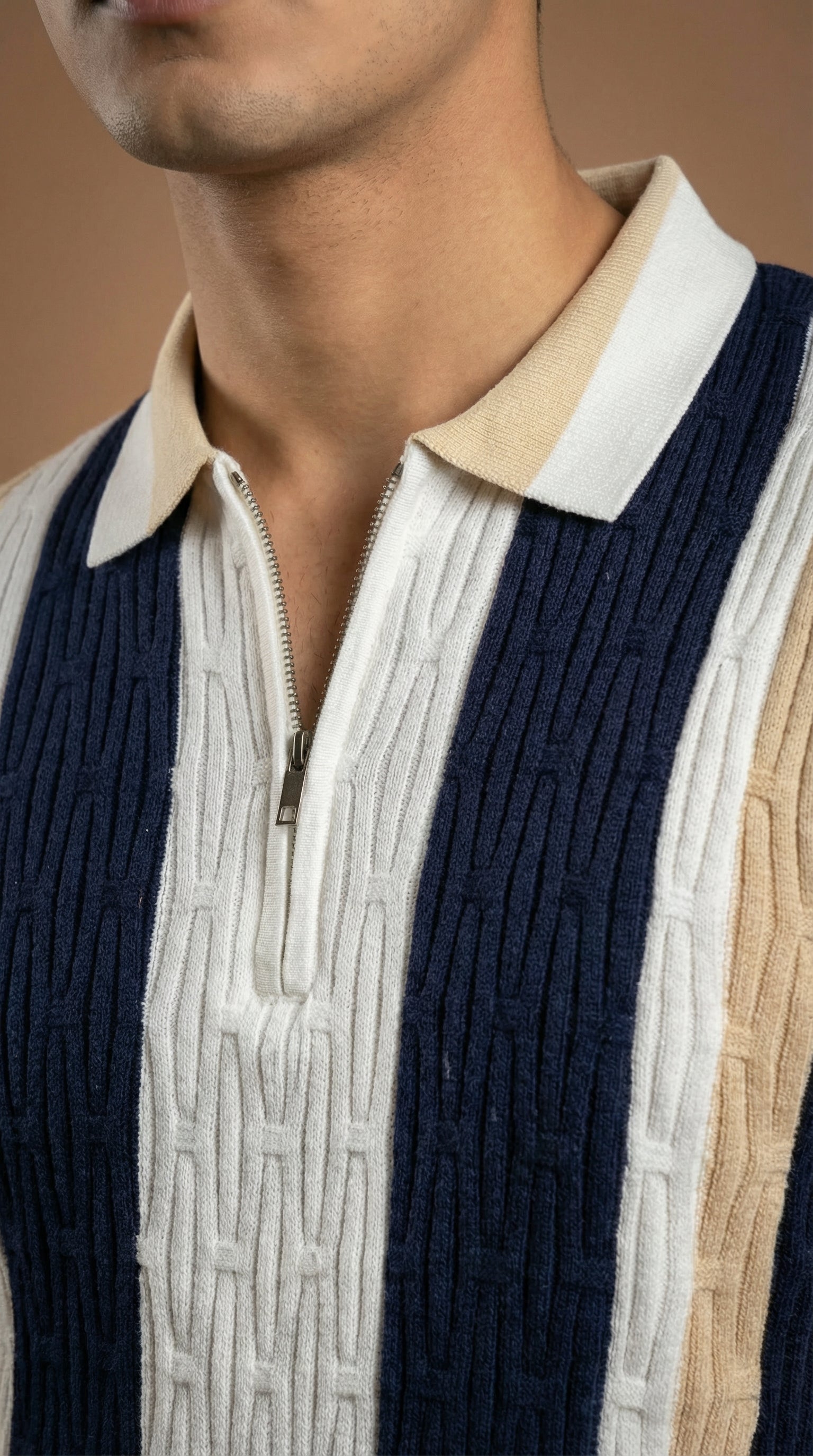 Men's Cable Knit Zip Polo - Beige Navy Cotton Knitted