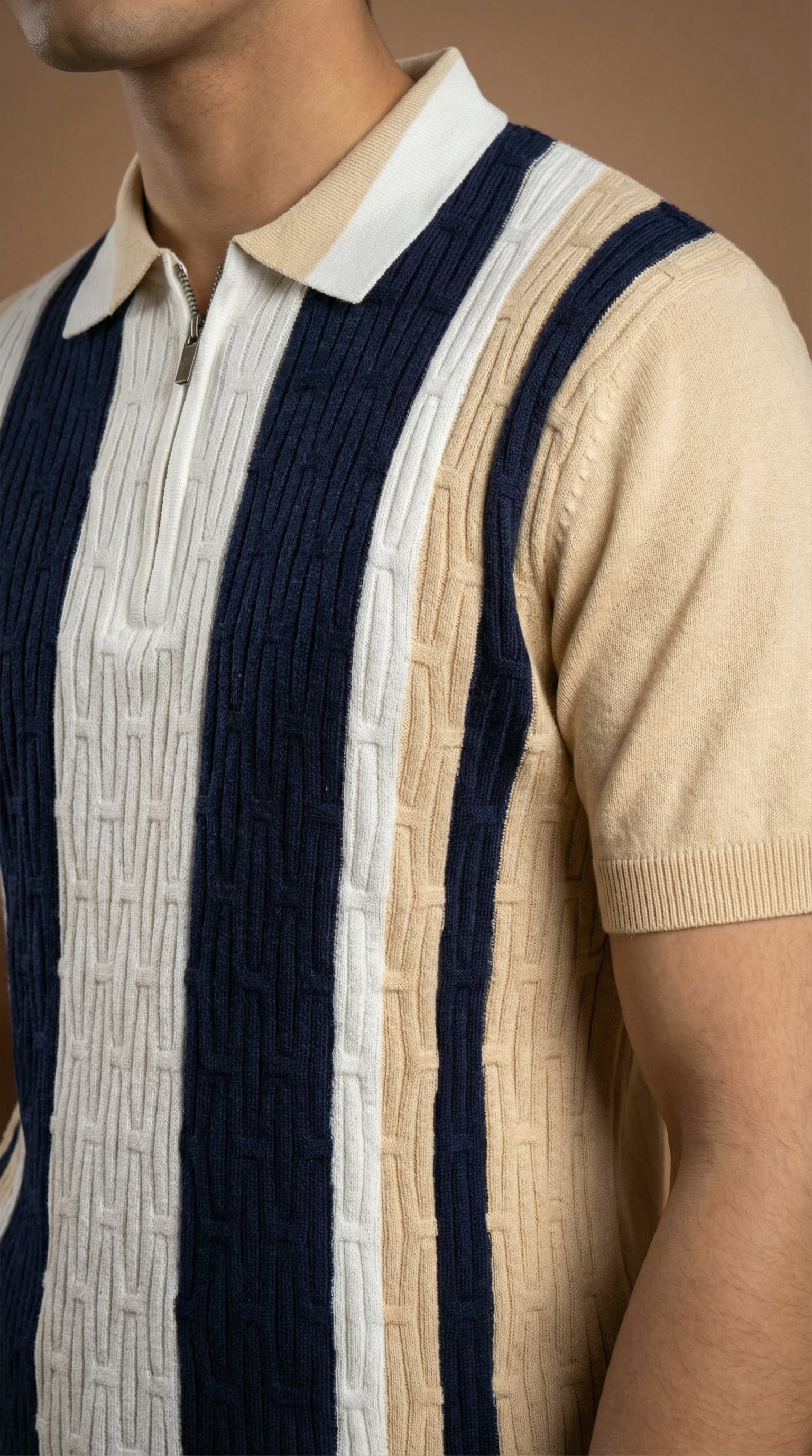 Men's Cable Knit Zip Polo - Beige Navy Cotton Knitted