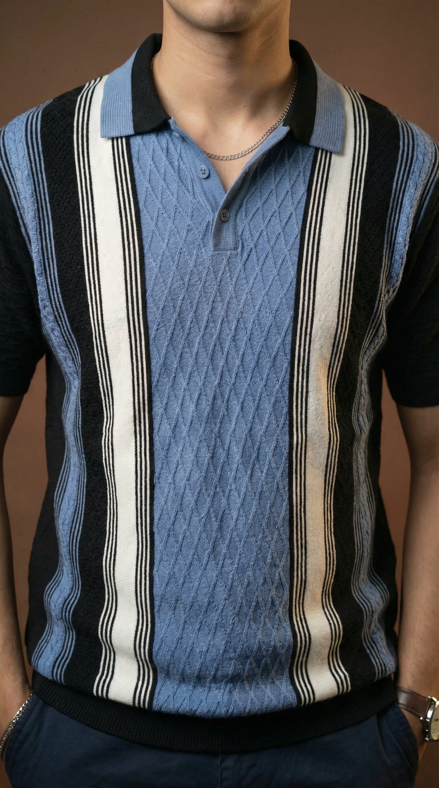 Men's Cable Knit Striped Polo - Navy Multi Color Cotton