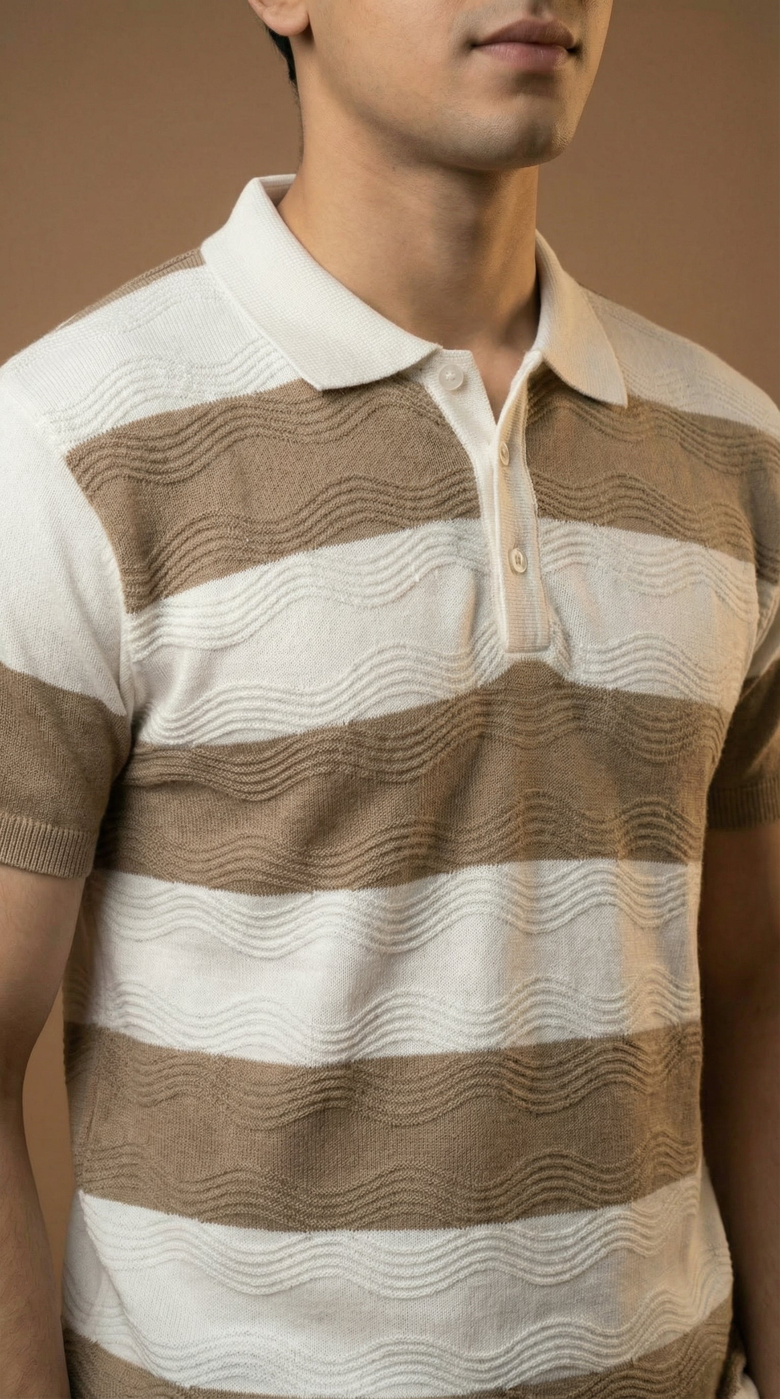 Men's Textured Striped Polo - Beige Brown Cotton Knitted