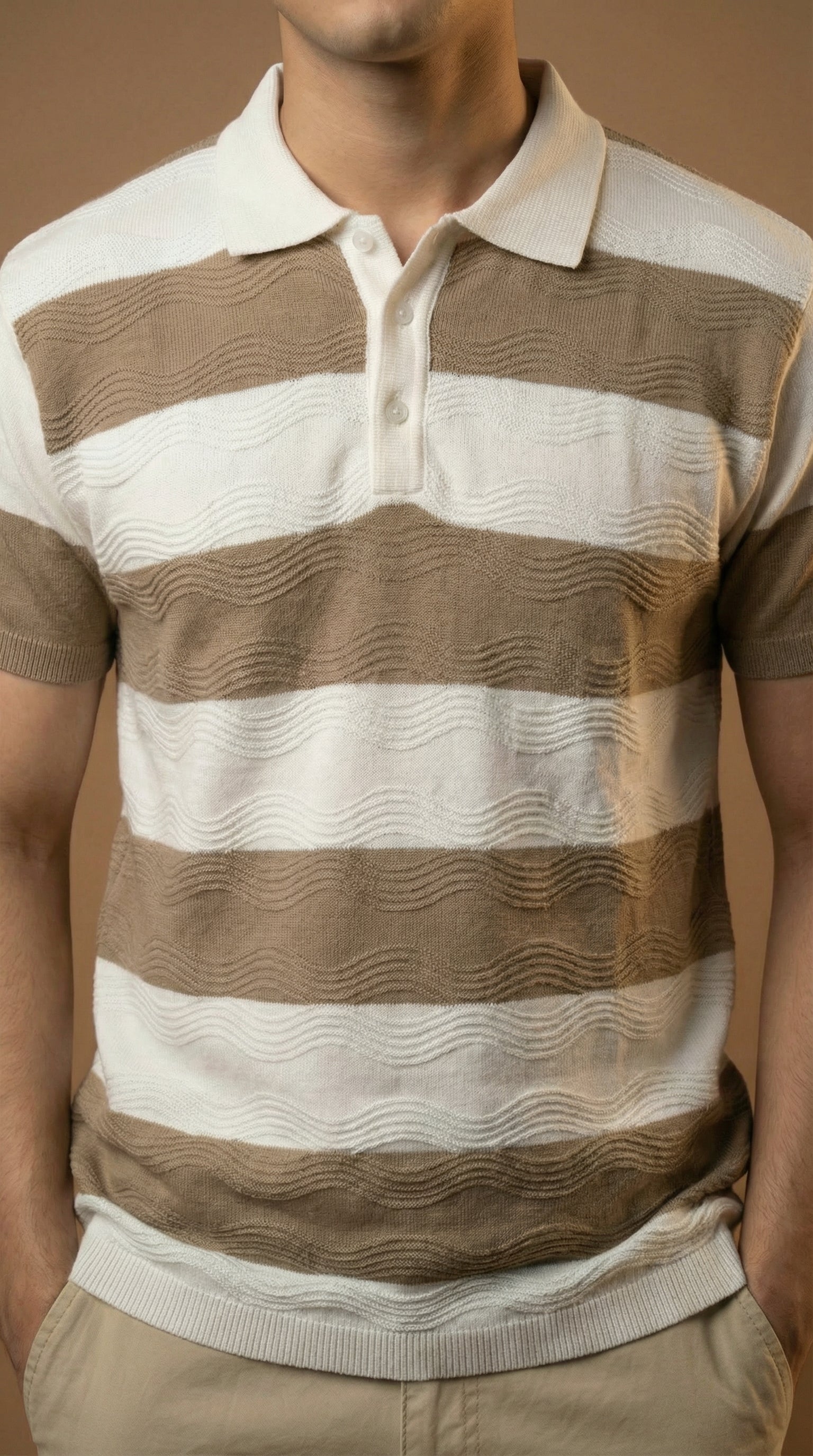 Men's Textured Striped Polo - Beige Brown Cotton Knitted