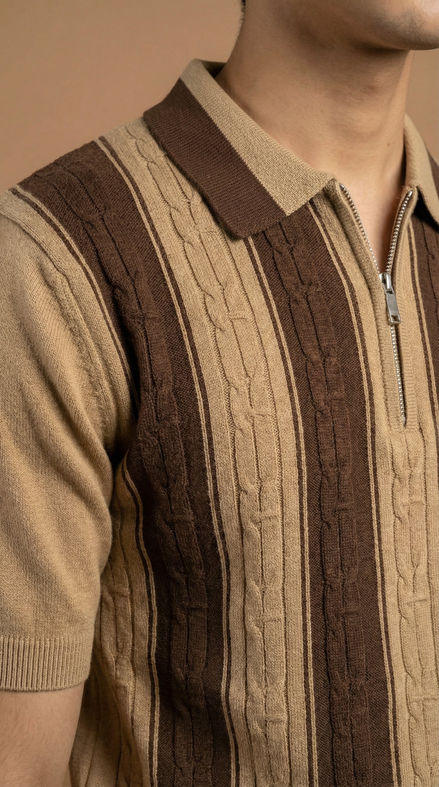 Men's Cable Knit Striped Polo  - Brown Tan Cotton Knitted
