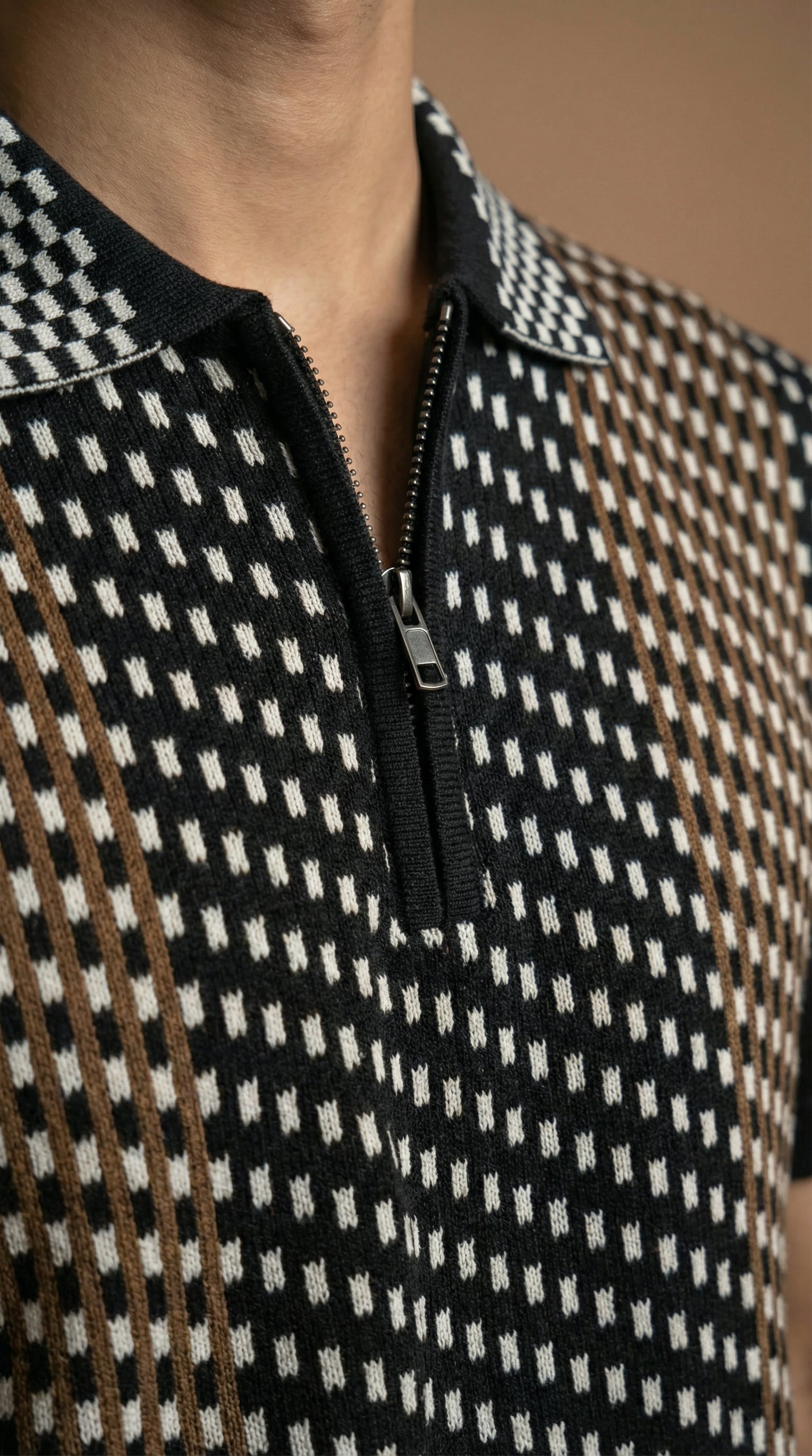 Men's Geometric Pattern Polo - Black Multi Cotton Knitted