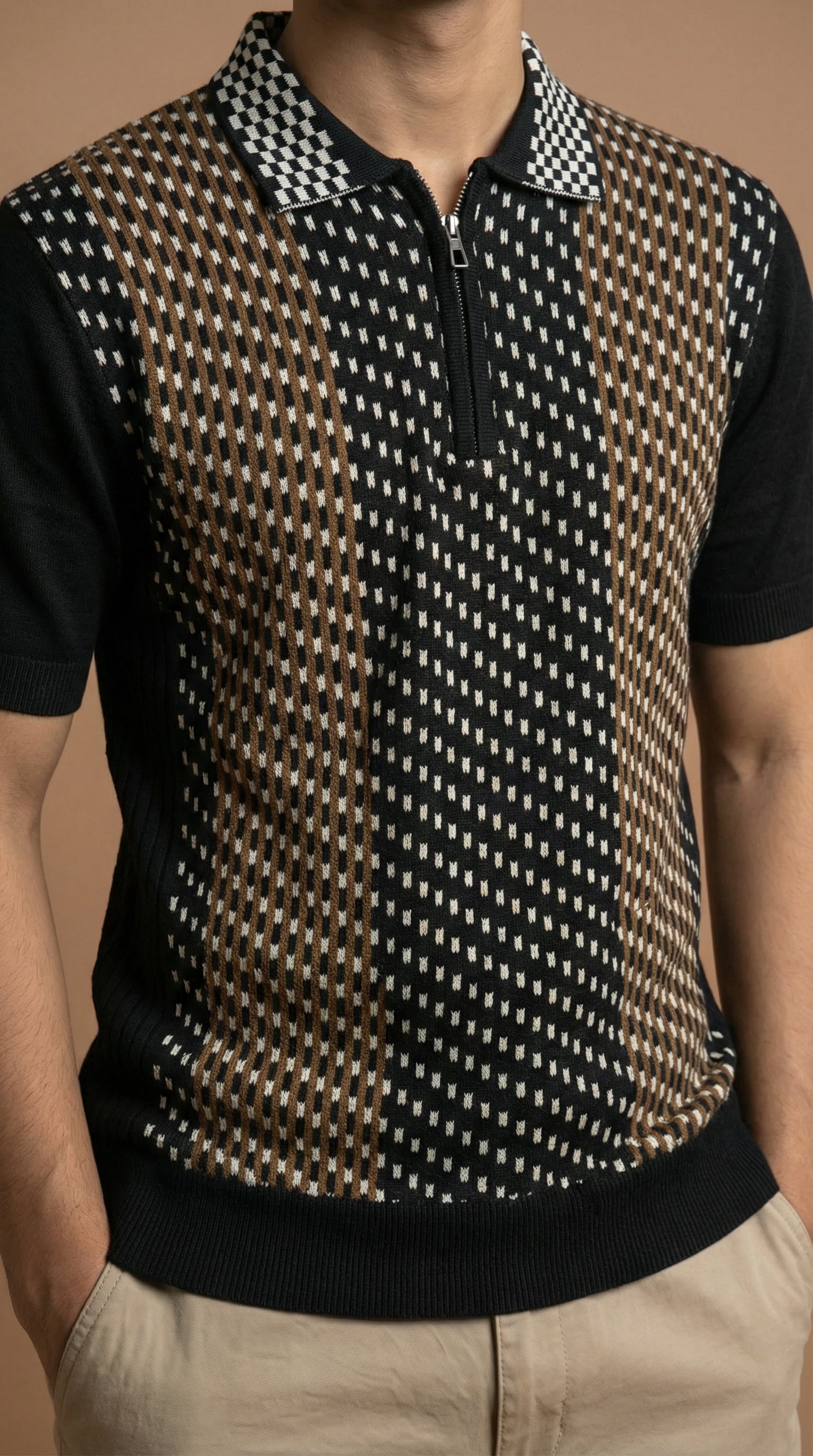 Men's Geometric Pattern Polo - Black Multi Cotton Knitted