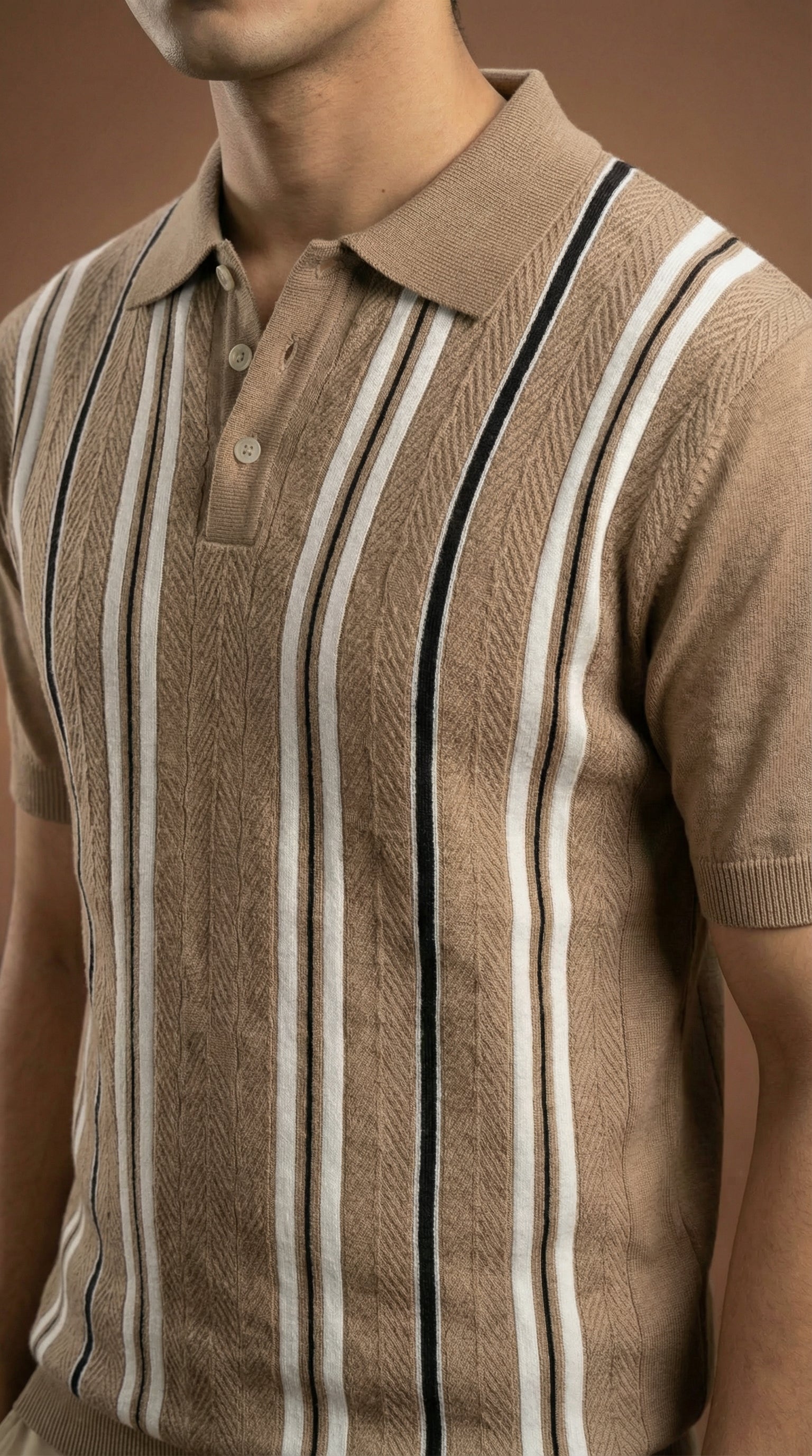Men's Vintage Cable Knit Polo  - Camel Brown Cotton Knitted