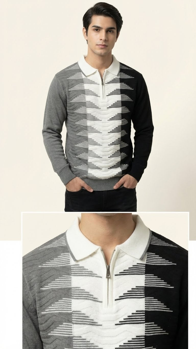 Geometric Wave Knit Polo for Men