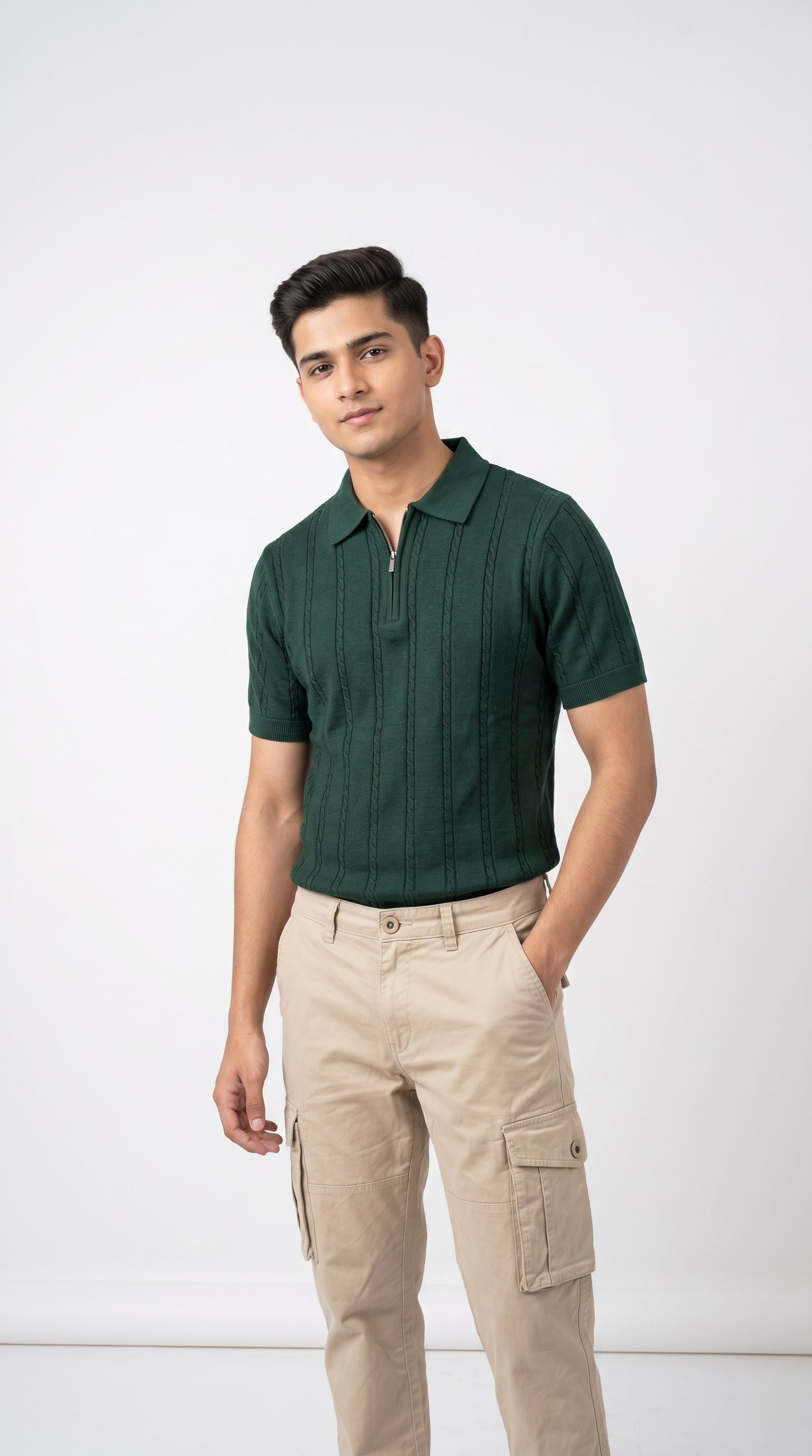 Men's Cable Knit Half-Zip Polo T-Shirt | Slim Fit | Half Sleeve | Textured Self-Design Knitwear |