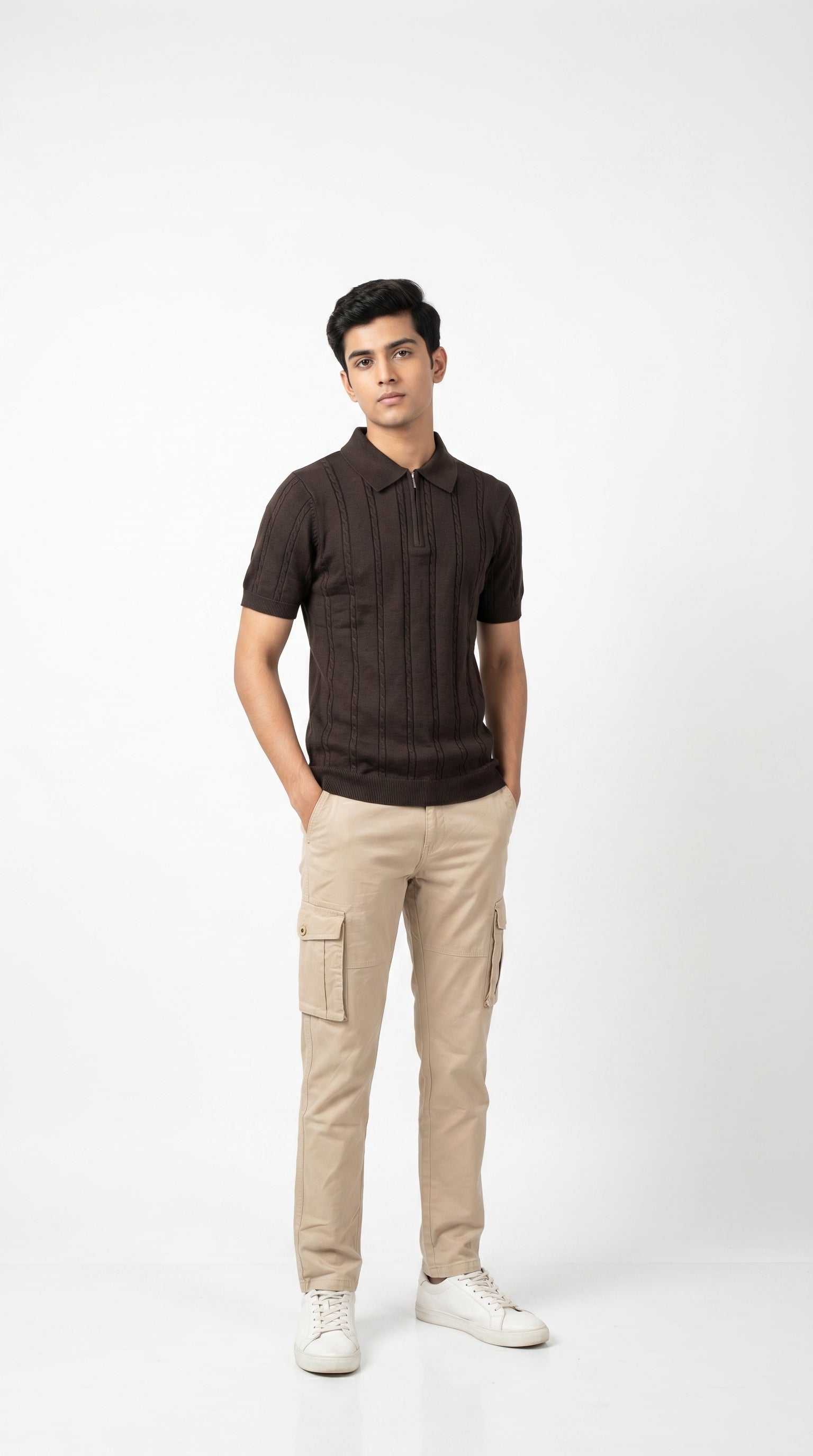 Men's Cable Knit Half-Zip Polo T-Shirt | Slim Fit | Half Sleeve | Textured Self-Design Knitwear |