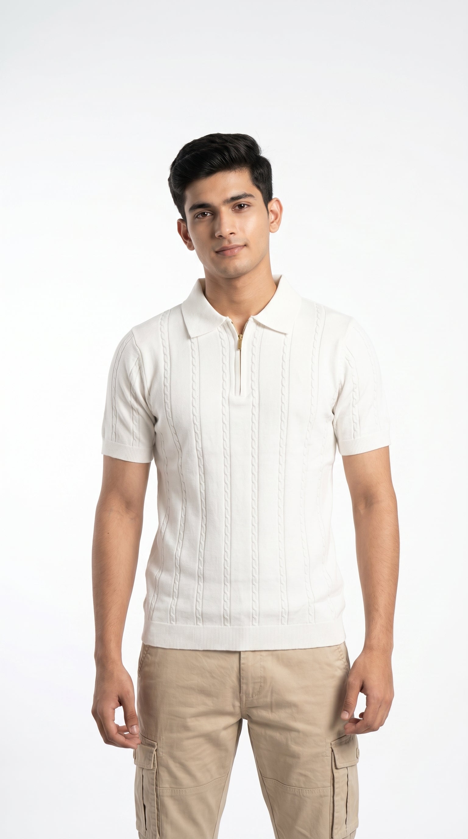 Men's Cable Knit Half-Zip Polo T-Shirt | Slim Fit | Half Sleeve | Textured Self-Design Knitwear |