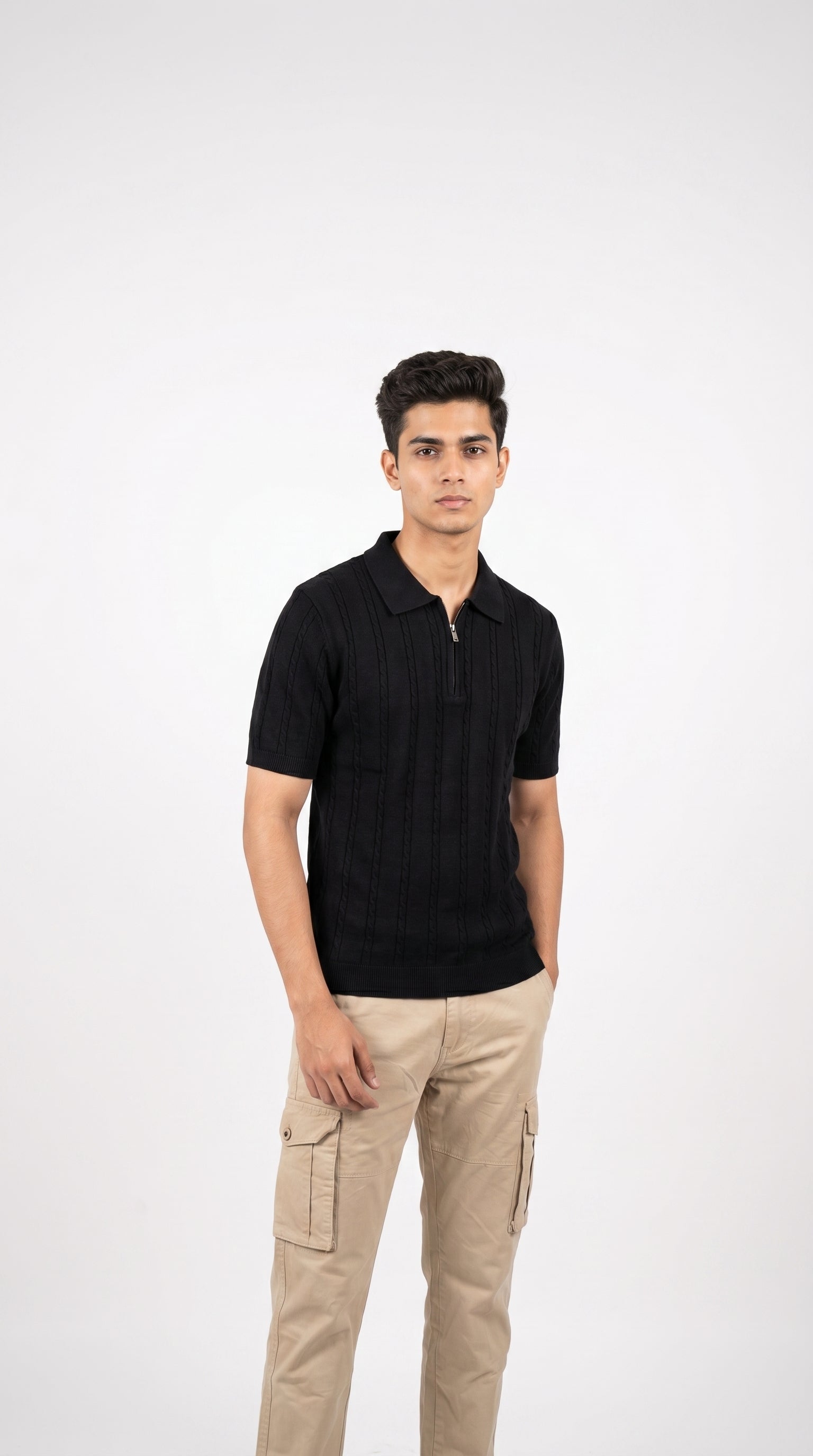 Men's Cable Knit Half-Zip Polo T-Shirt | Slim Fit | Half Sleeve | Textured Self-Design Knitwear |