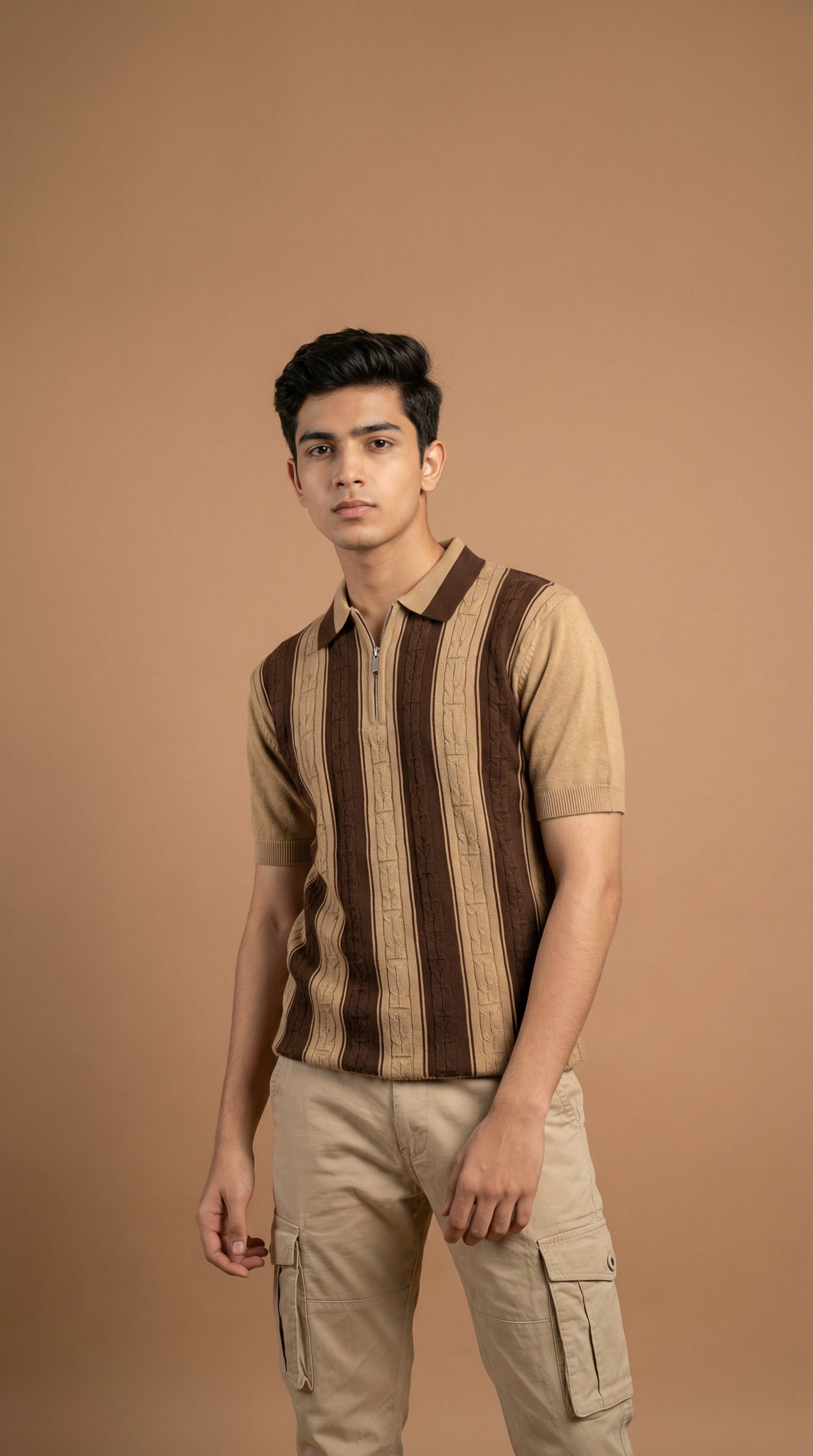 Men's Cable Knit Striped Polo  - Brown Tan Cotton Knitted