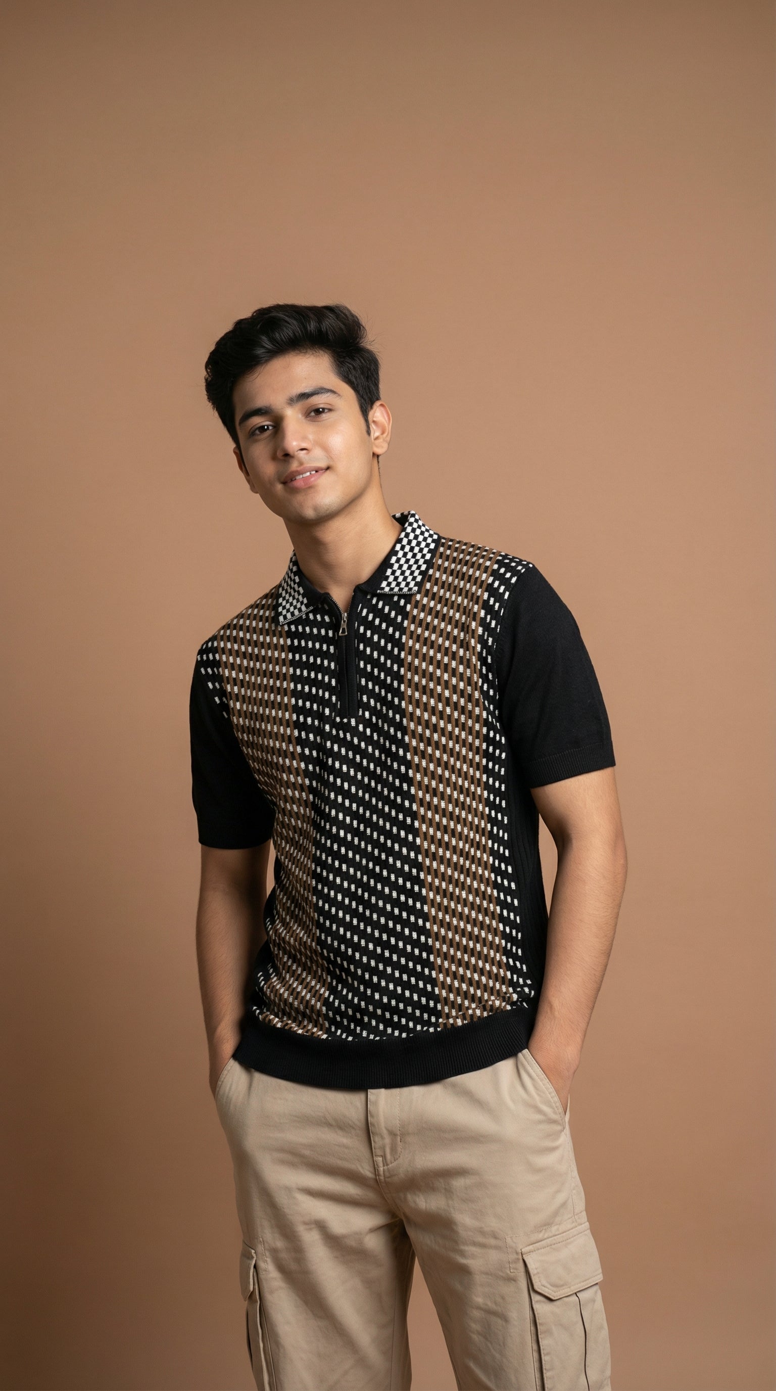 Men's Geometric Pattern Polo - Black Multi Cotton Knitted