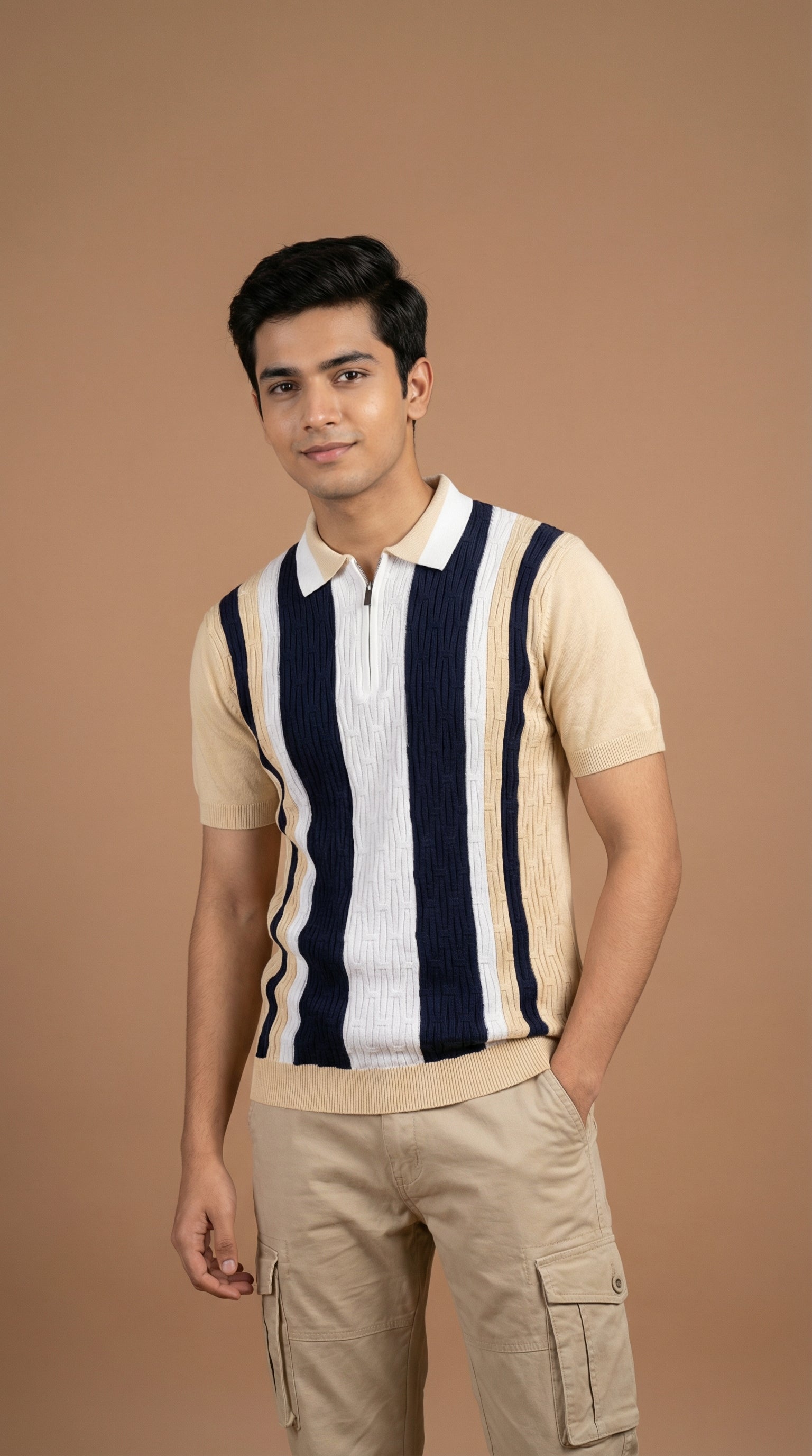 Men's Cable Knit Zip Polo - Beige Navy Cotton Knitted