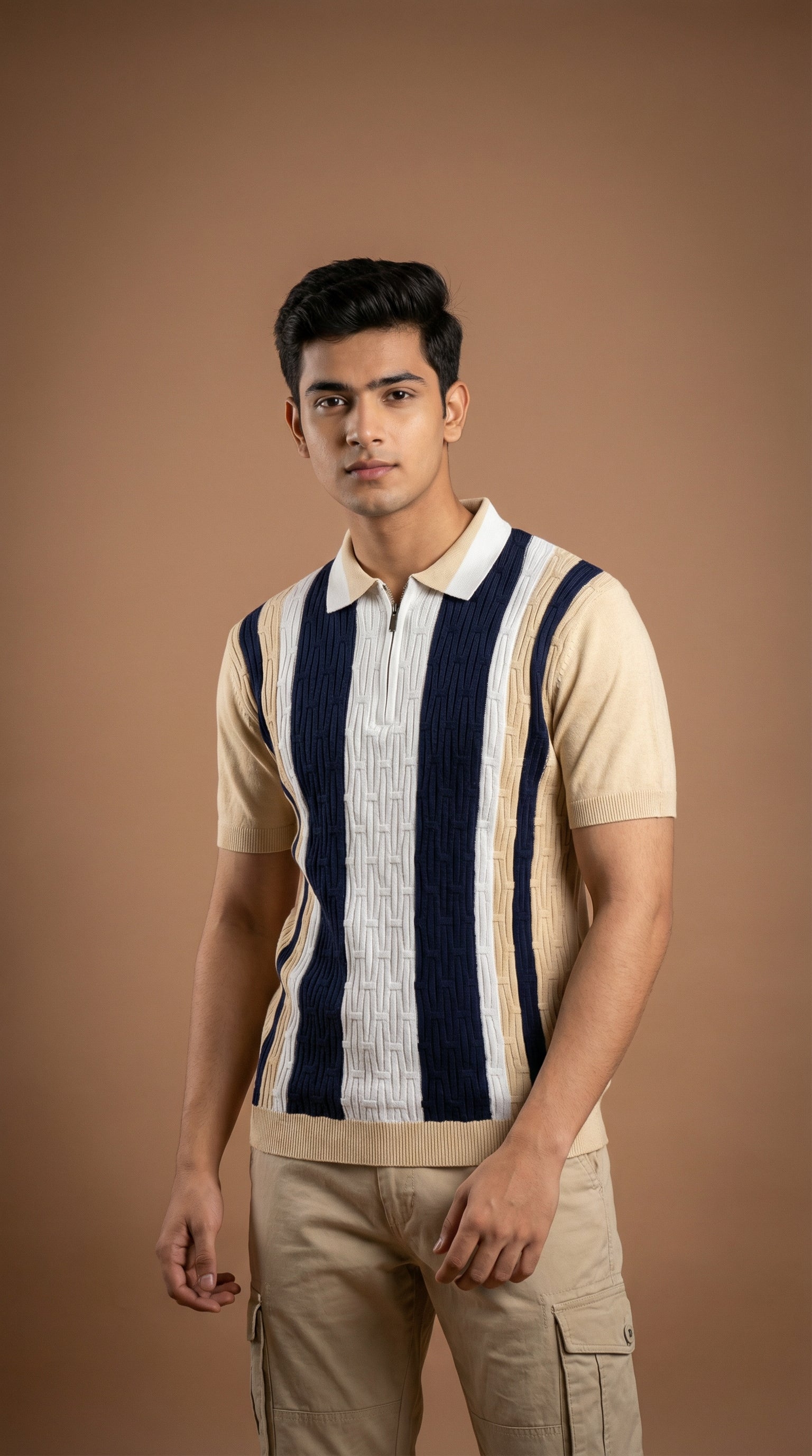 Men's Cable Knit Zip Polo - Beige Navy Cotton Knitted