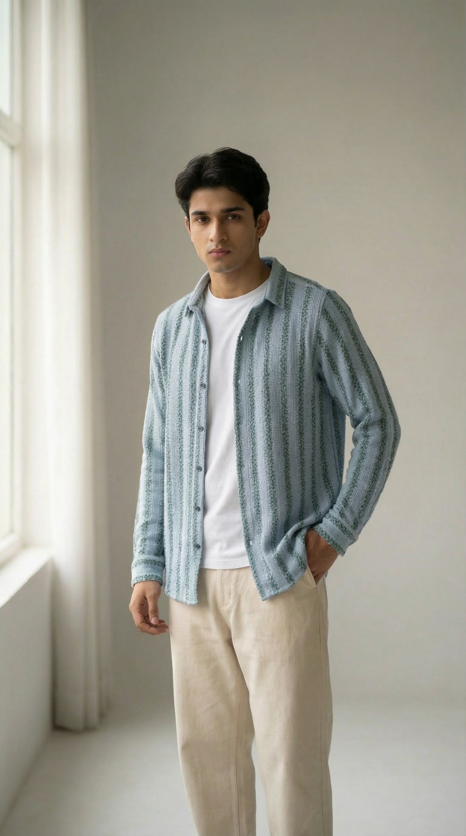 Azure Bloom Textured Crochet Shirt