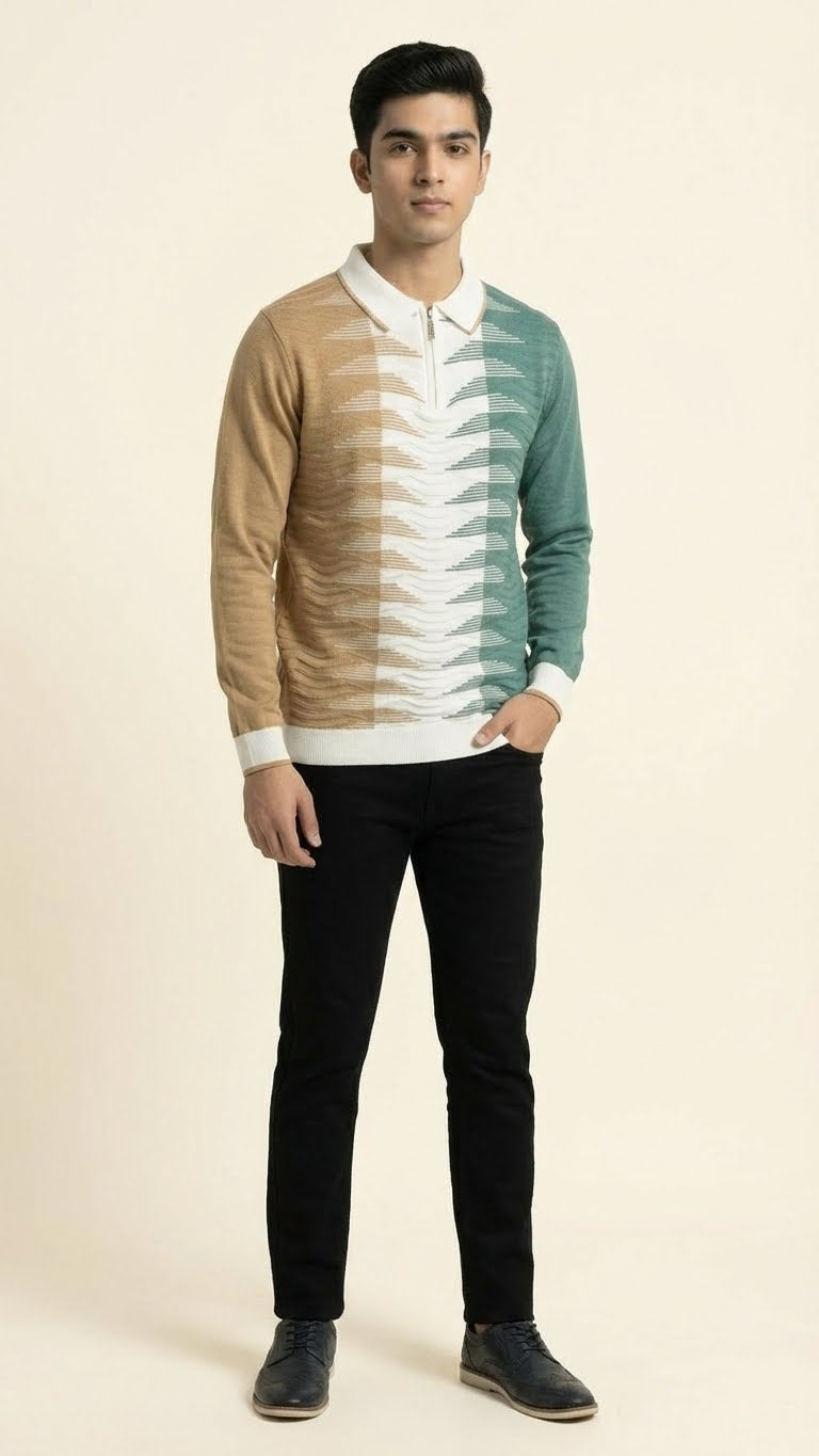 Geometric Wave Knit Polo for Men