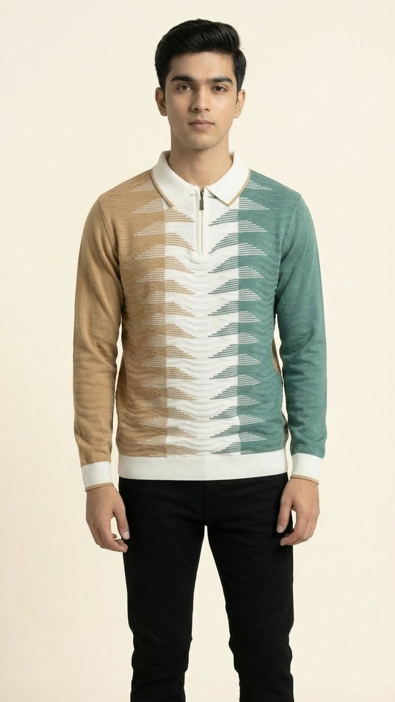 Geometric Wave Knit Polo for Men