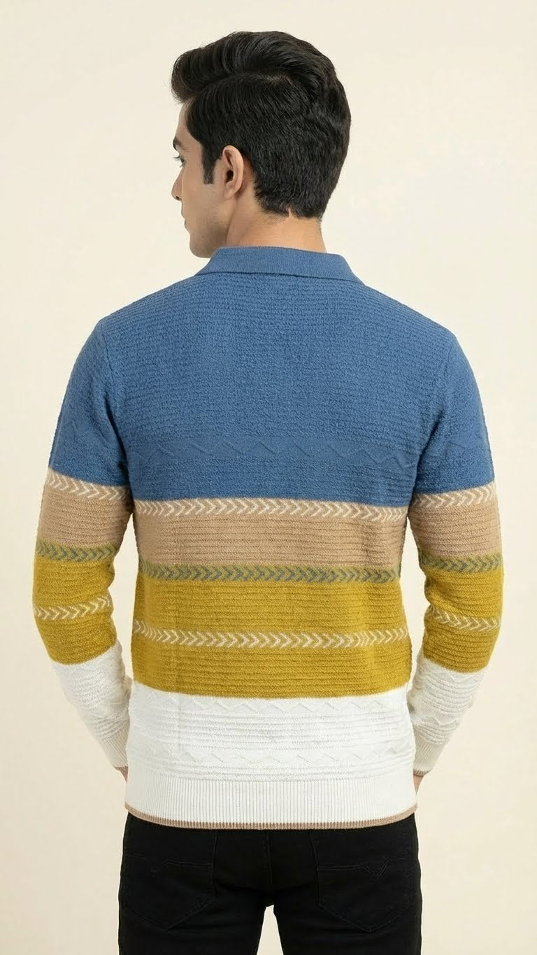 Men’s Premium Multicolor Knitted Cotton Polo – Textured Zip Collar