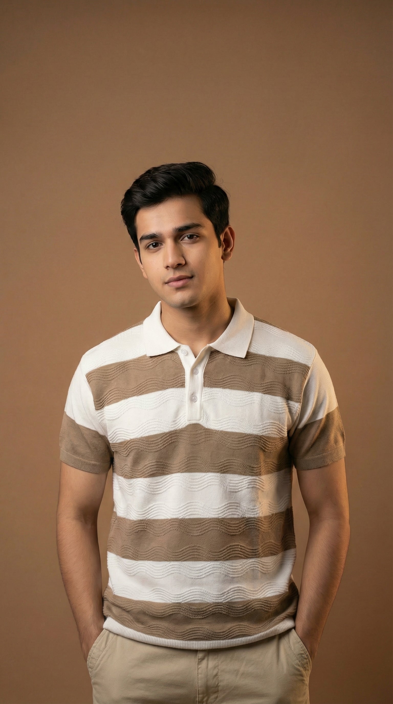 Men's Textured Striped Polo - Beige Brown Cotton Knitted