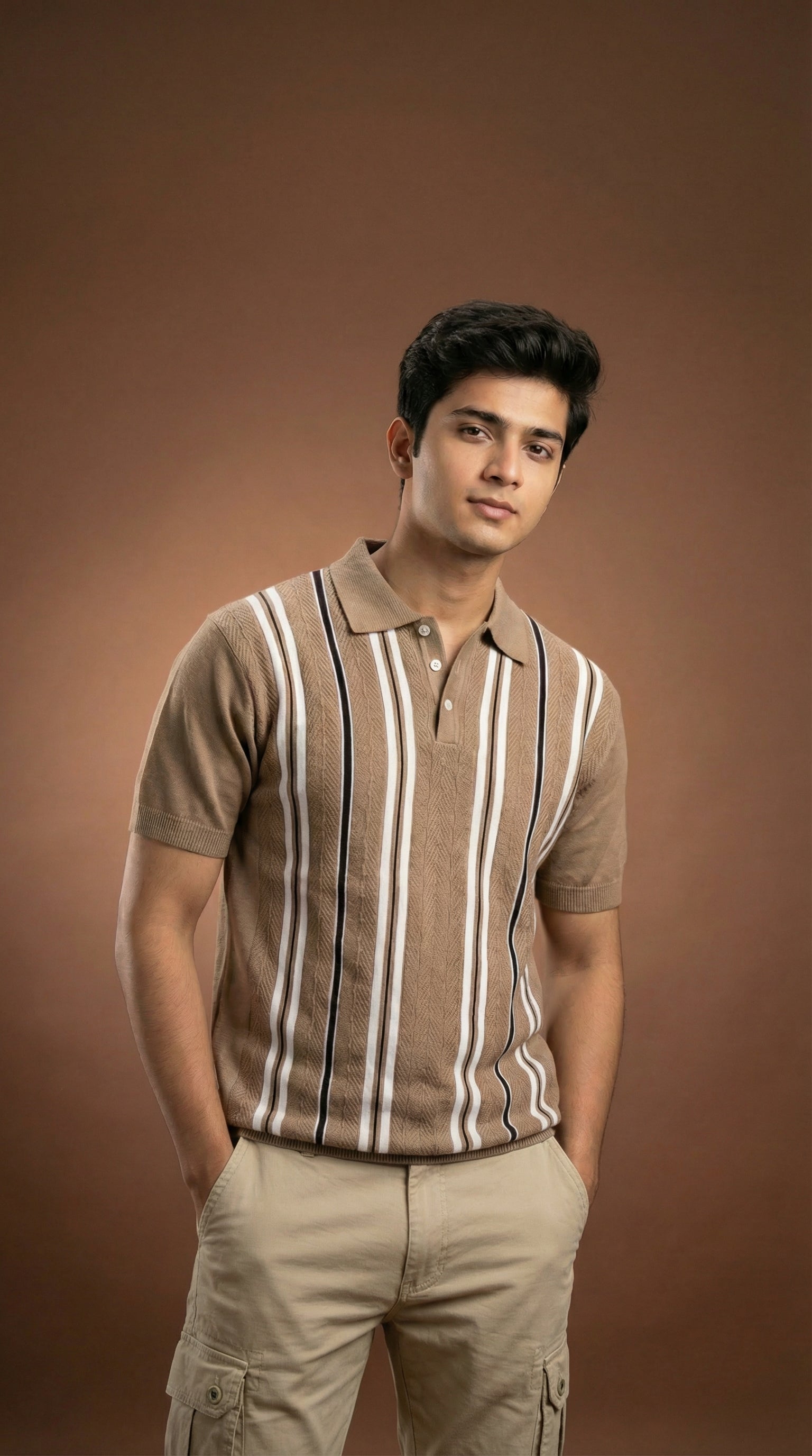 Men's Vintage Cable Knit Polo  - Camel Brown Cotton Knitted