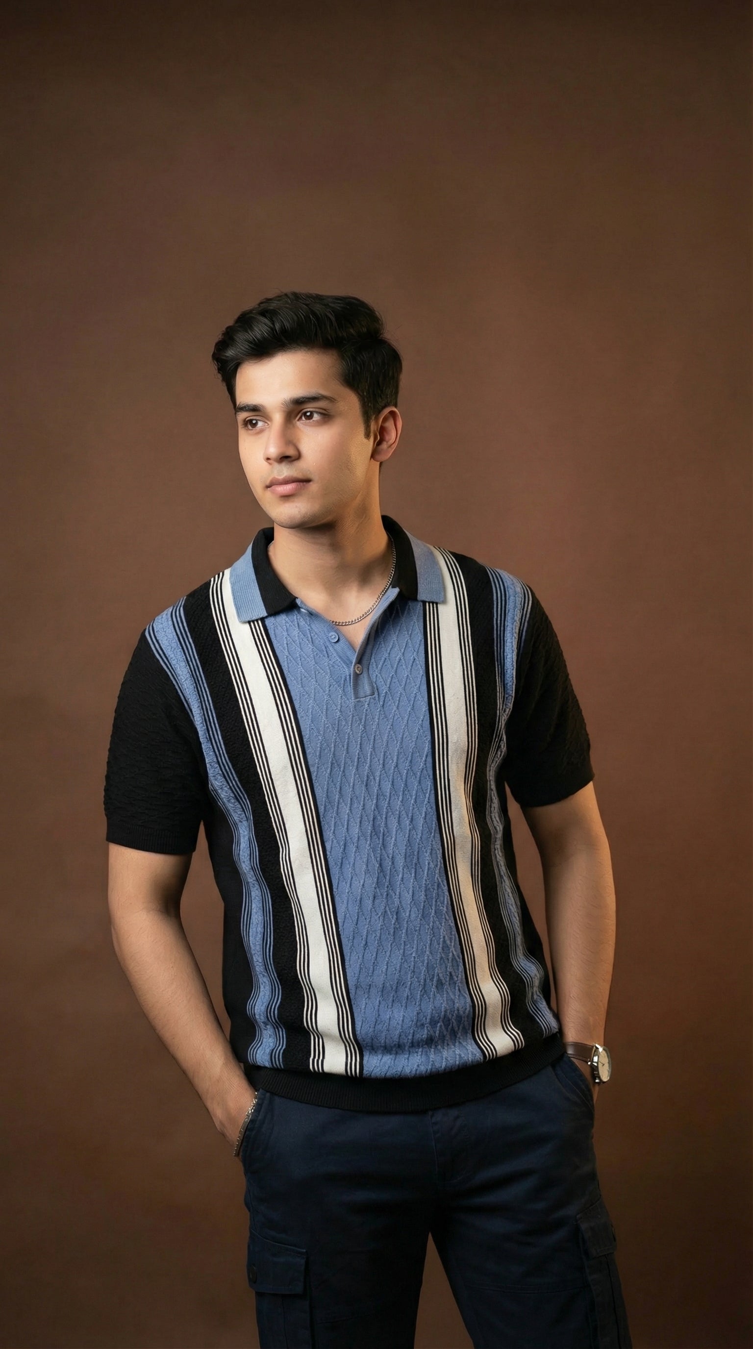 Men's Cable Knit Striped Polo - Navy Multi Color Cotton