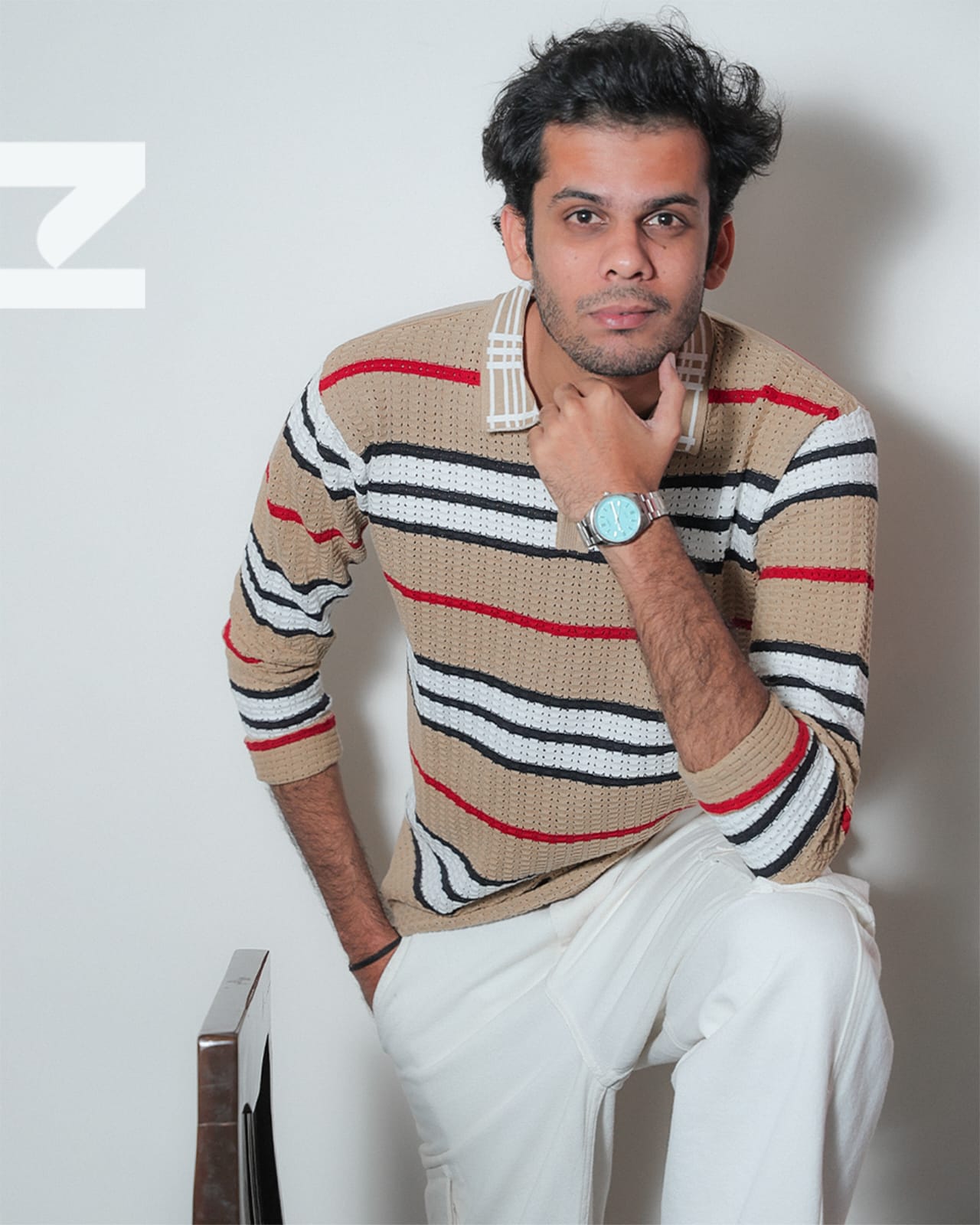 Coastal Grid Knit Polo Shirt – Beige Stripe Edition