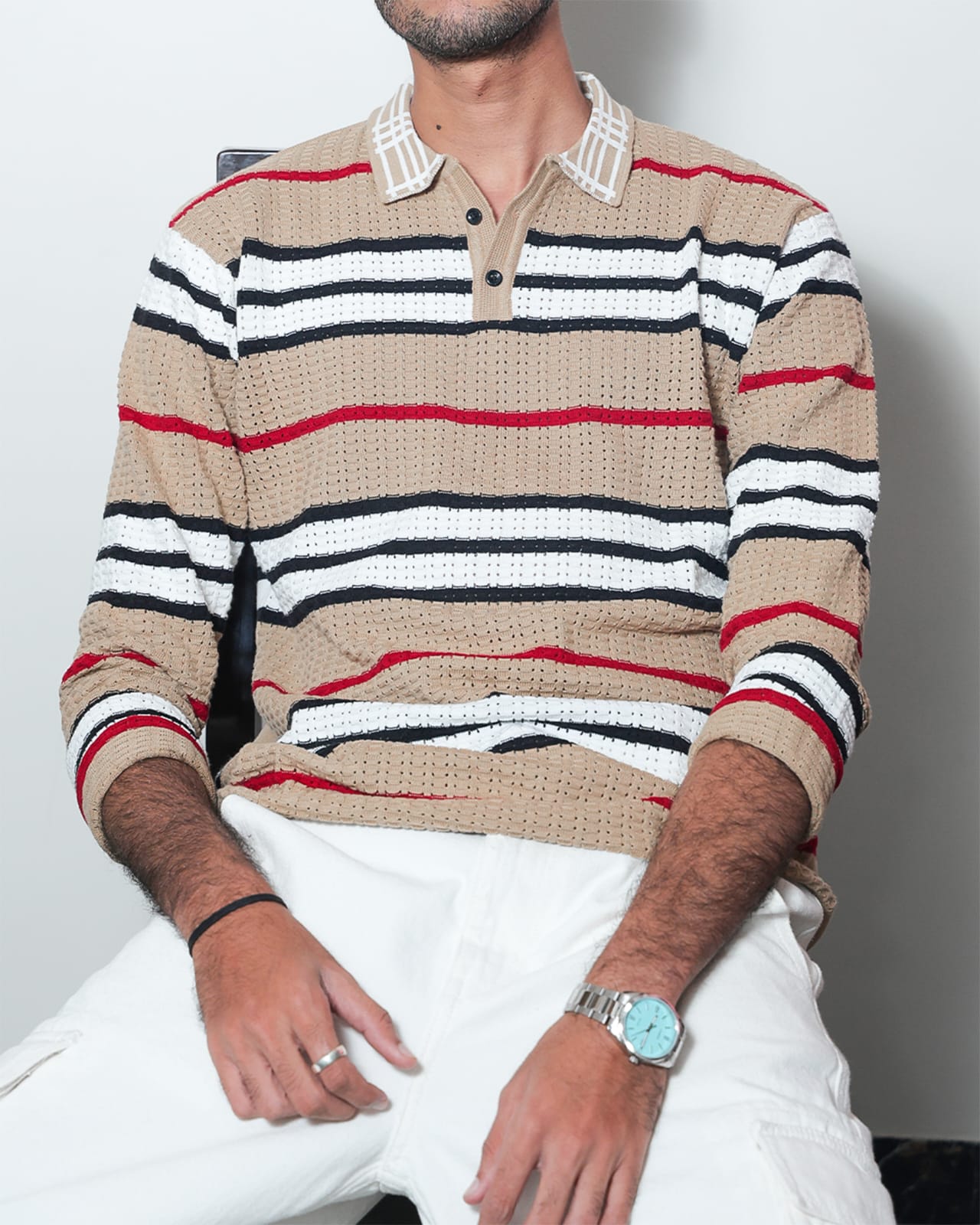 Coastal Grid Knit Polo Shirt – Beige Stripe Edition