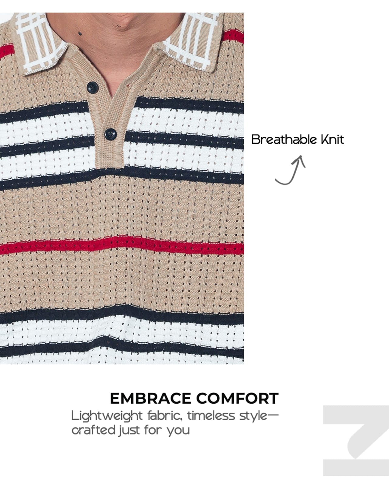 Coastal Grid Knit Polo Shirt – Beige Stripe Edition