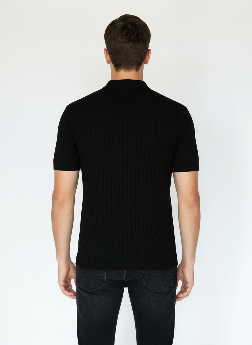 Men's Textured Knit Polo T-Shirt with Vertical Ribs