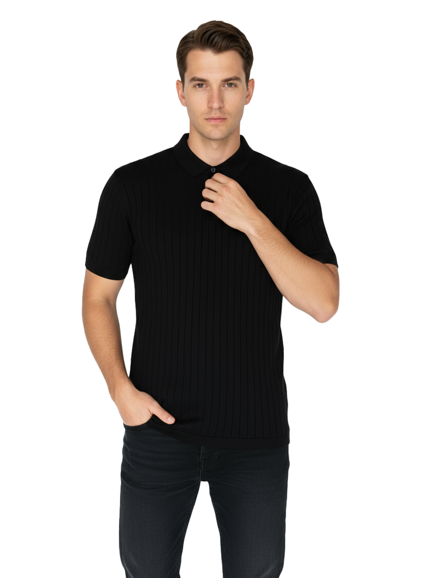 Men's Textured Knit Polo T-Shirt with Vertical Ribs