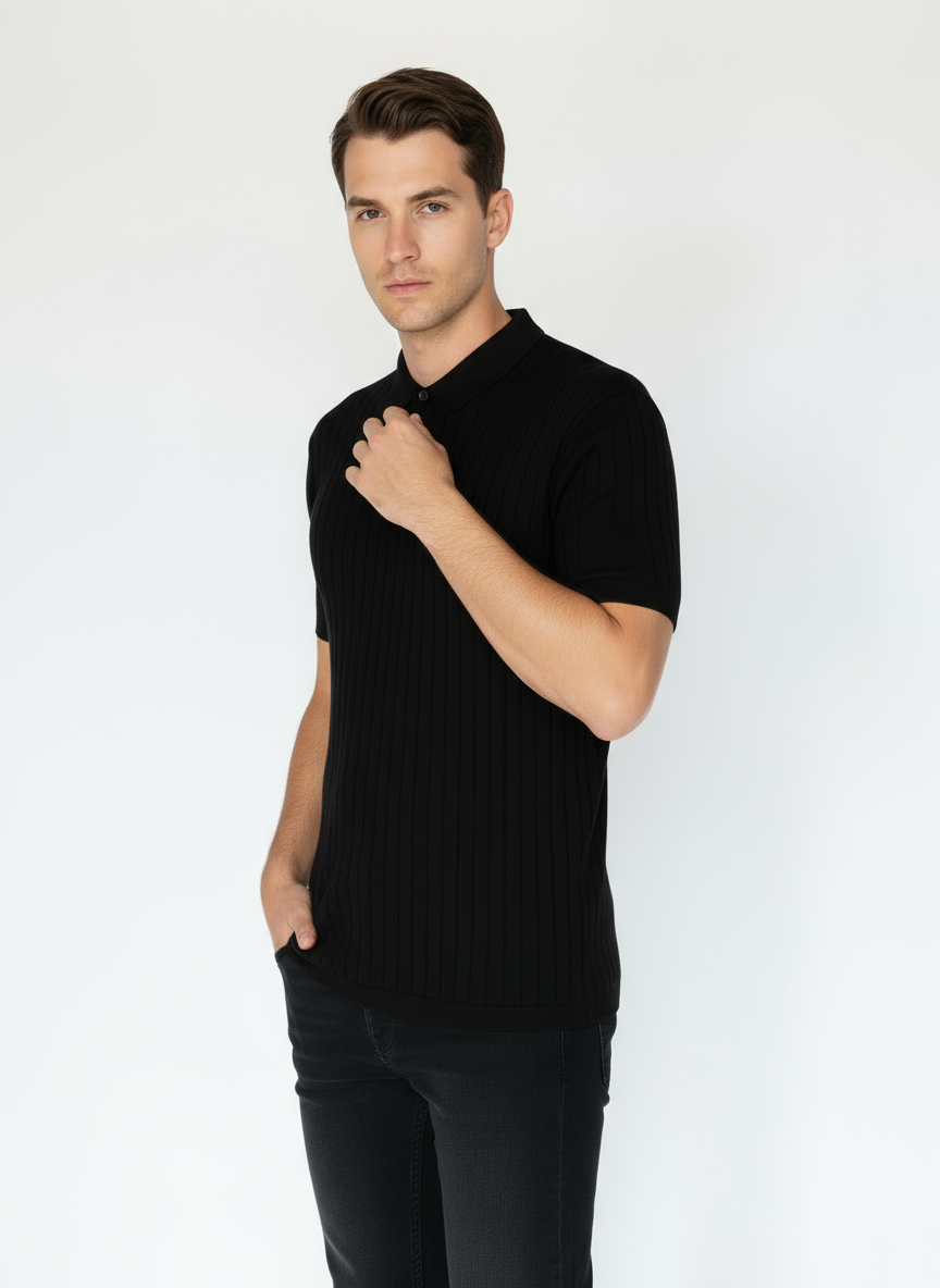 Men's Textured Knit Polo T-Shirt with Vertical Ribs