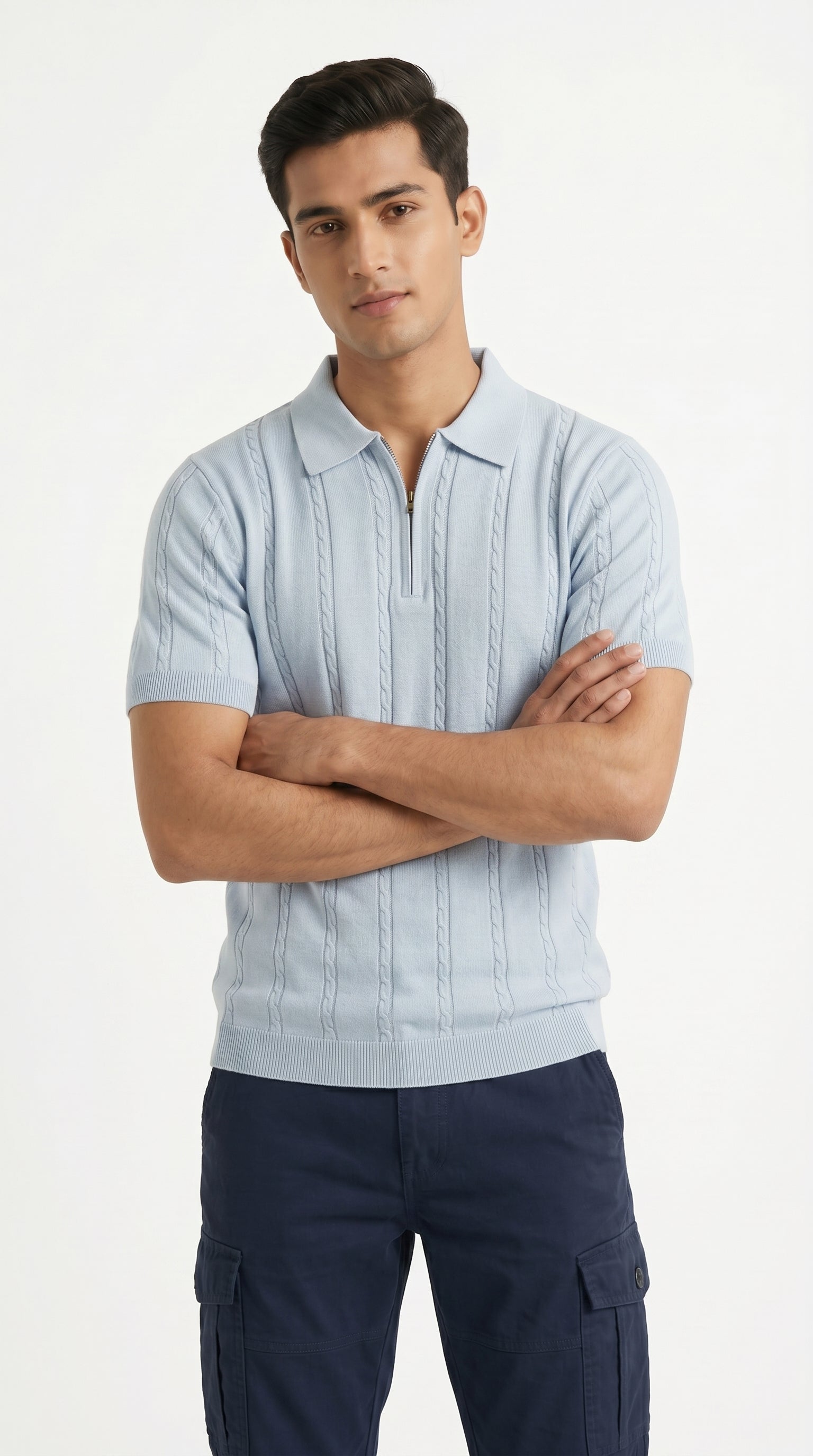 Men's Cable Knit Half-Zip Polo T-Shirt | Slim Fit | Half Sleeve | Textured Self-Design Knitwear |