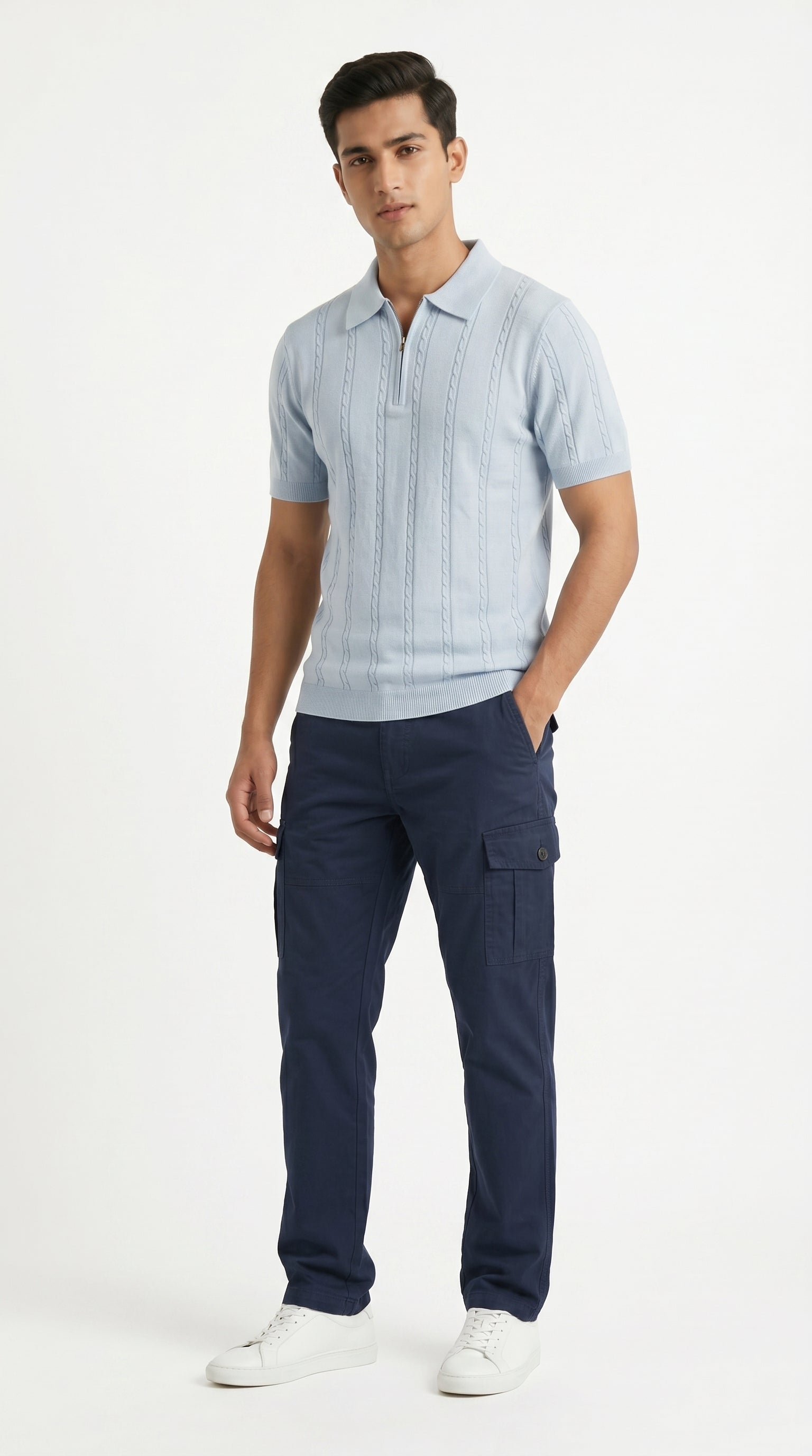 Men's Cable Knit Half-Zip Polo T-Shirt | Slim Fit | Half Sleeve | Textured Self-Design Knitwear |