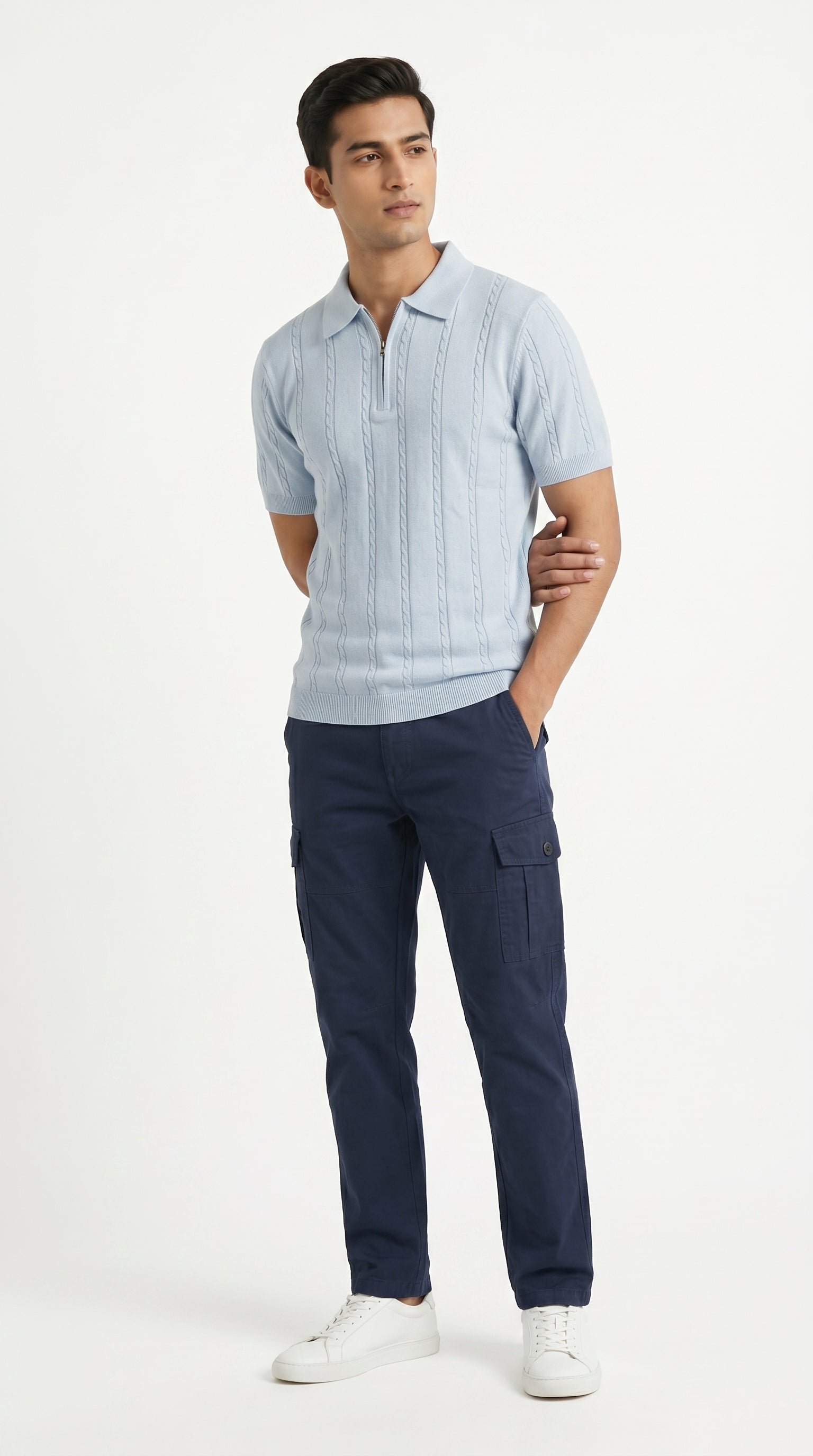Men's Cable Knit Half-Zip Polo T-Shirt | Slim Fit | Half Sleeve | Textured Self-Design Knitwear |
