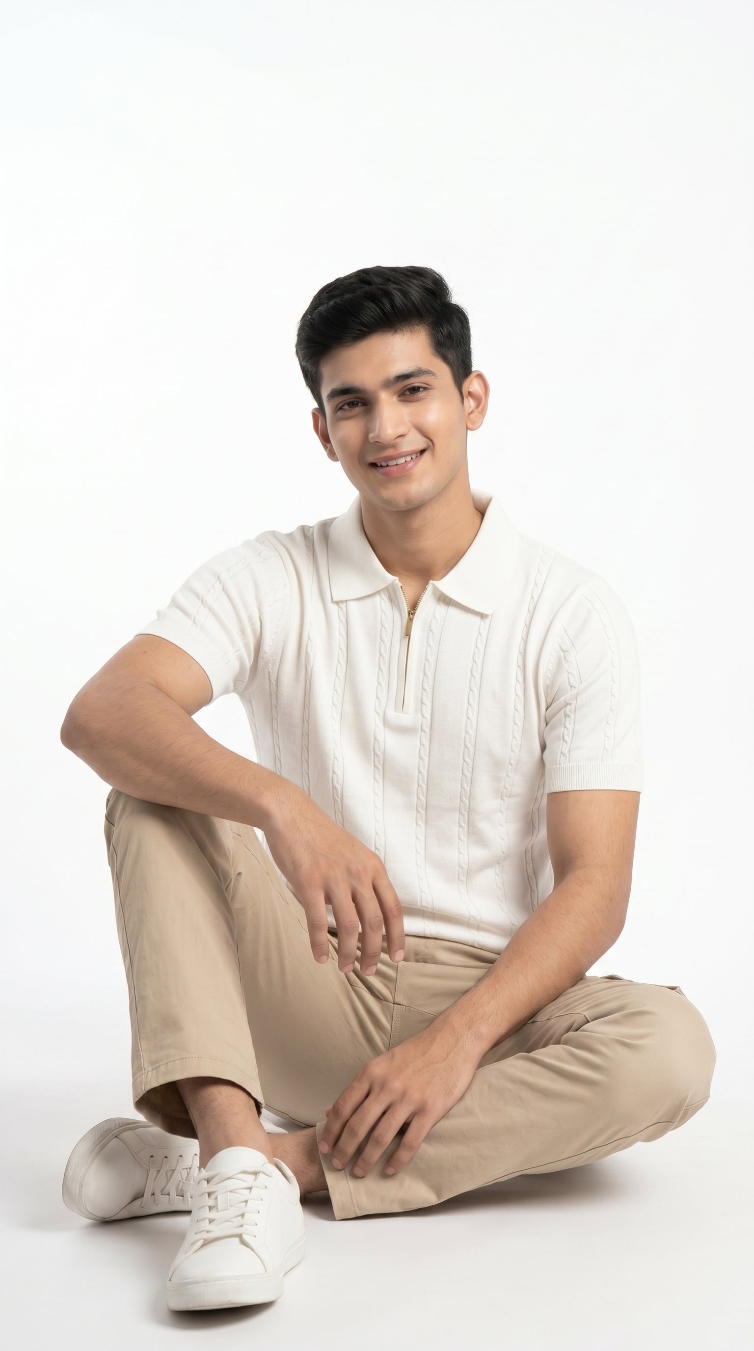 Men's Cable Knit Half-Zip Polo T-Shirt | Slim Fit | Half Sleeve | Textured Self-Design Knitwear |