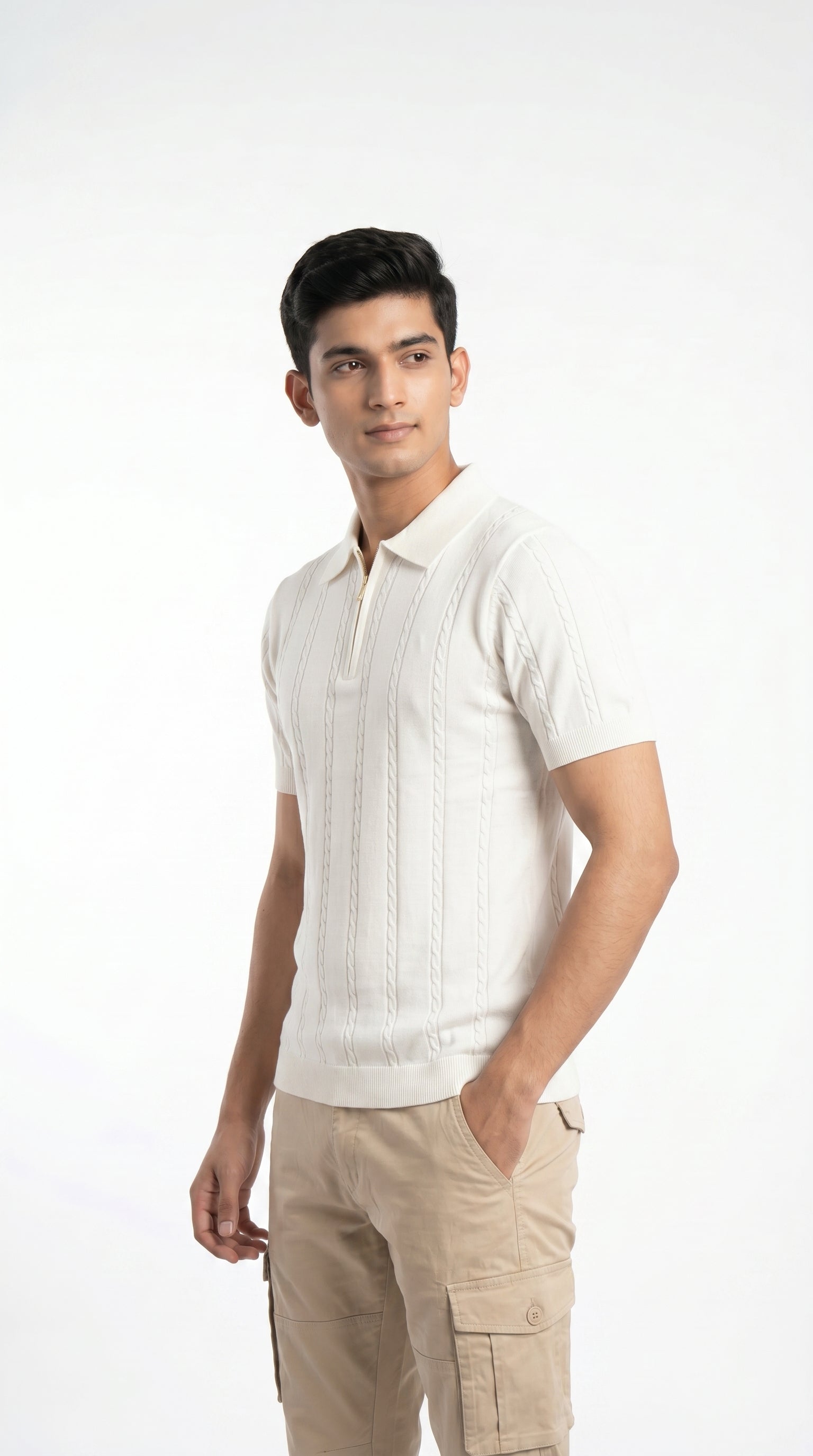 Men's Cable Knit Half-Zip Polo T-Shirt | Slim Fit | Half Sleeve | Textured Self-Design Knitwear |