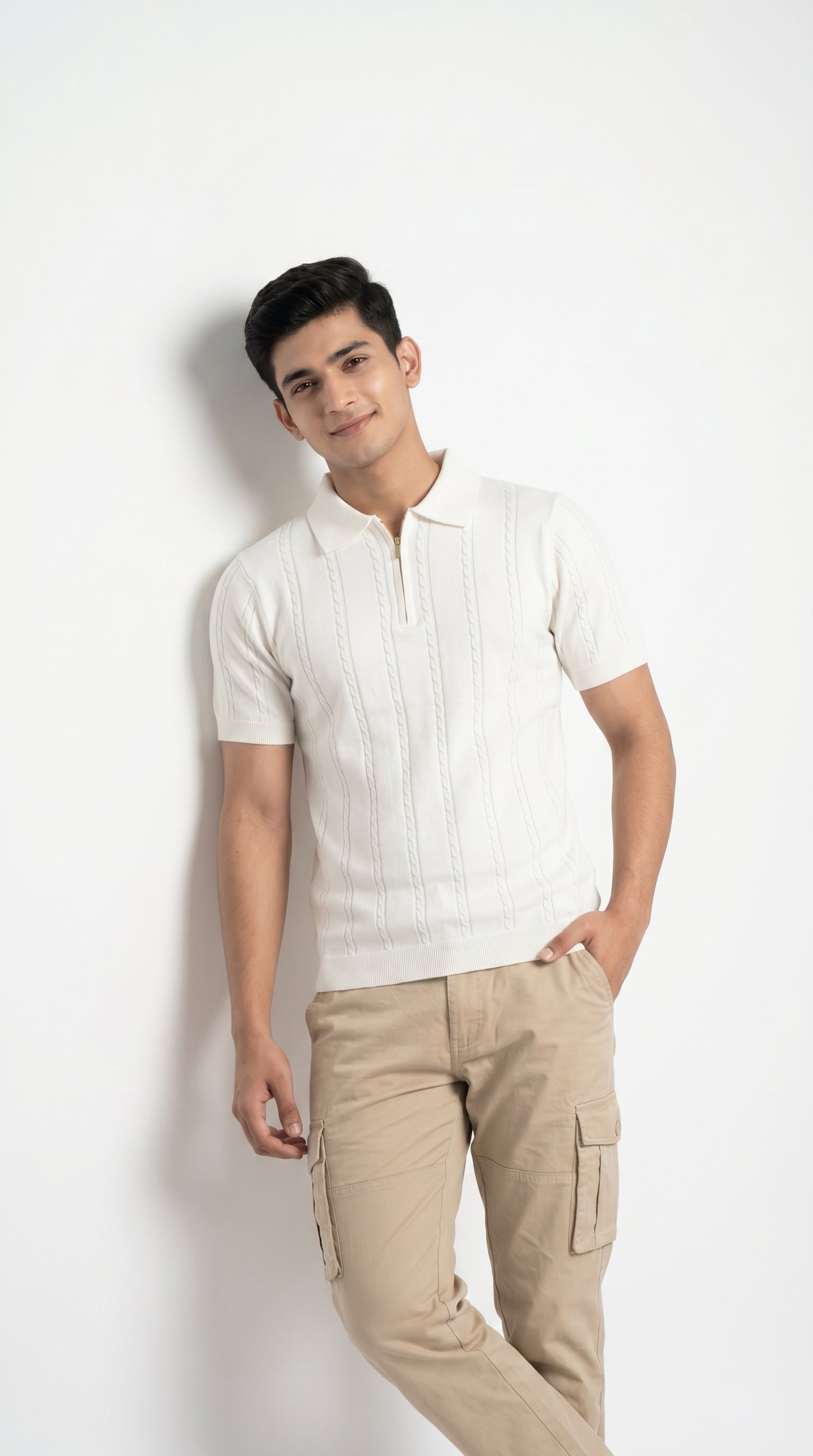 Men's Cable Knit Half-Zip Polo T-Shirt | Slim Fit | Half Sleeve | Textured Self-Design Knitwear |
