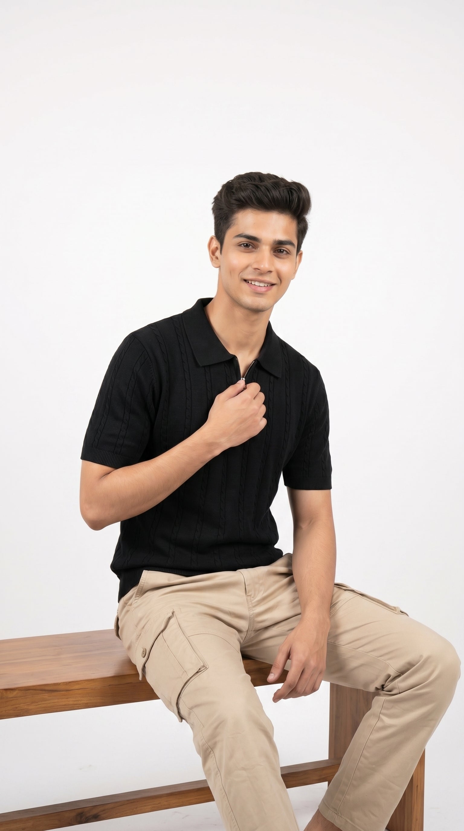 Men's Cable Knit Half-Zip Polo T-Shirt | Slim Fit | Half Sleeve | Textured Self-Design Knitwear |