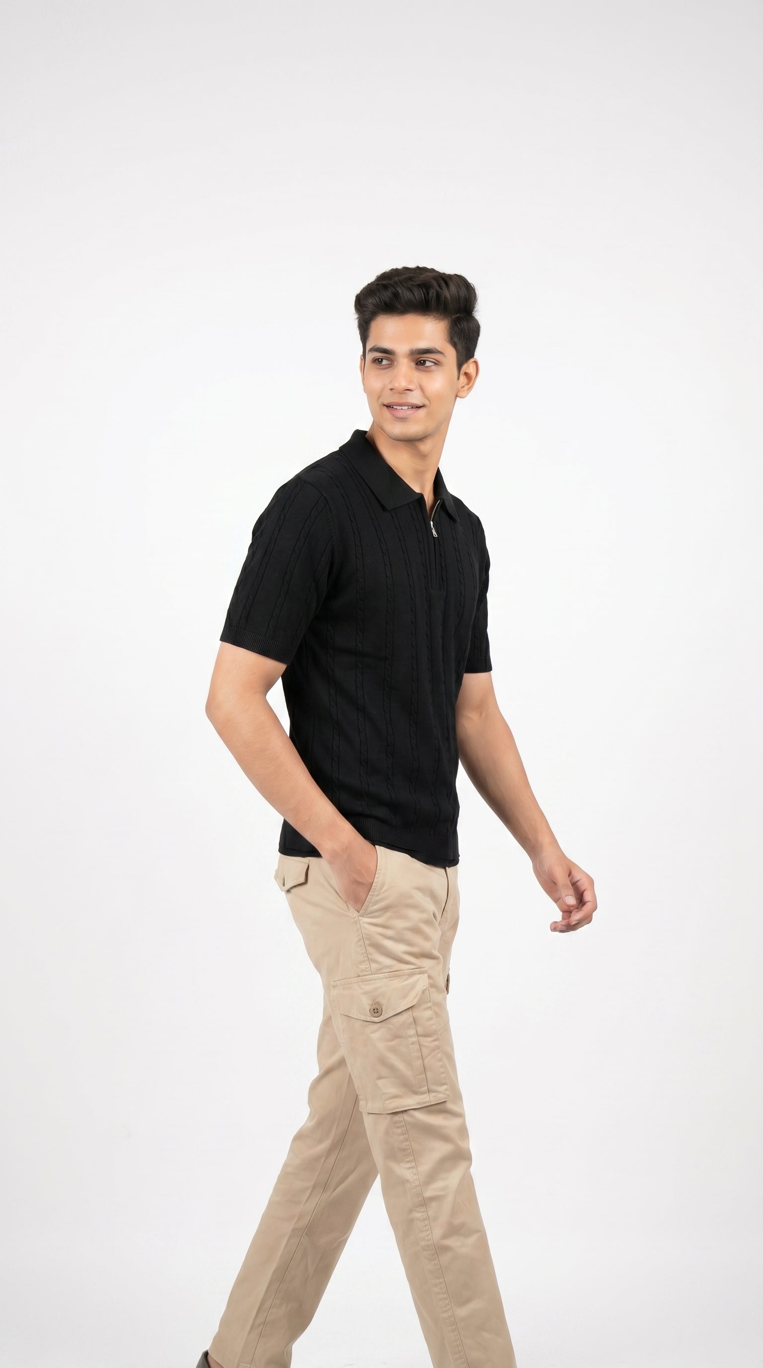 Men's Cable Knit Half-Zip Polo T-Shirt | Slim Fit | Half Sleeve | Textured Self-Design Knitwear |