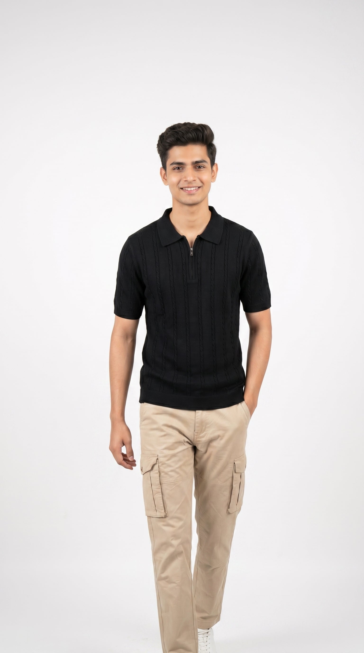 Men's Cable Knit Half-Zip Polo T-Shirt | Slim Fit | Half Sleeve | Textured Self-Design Knitwear |