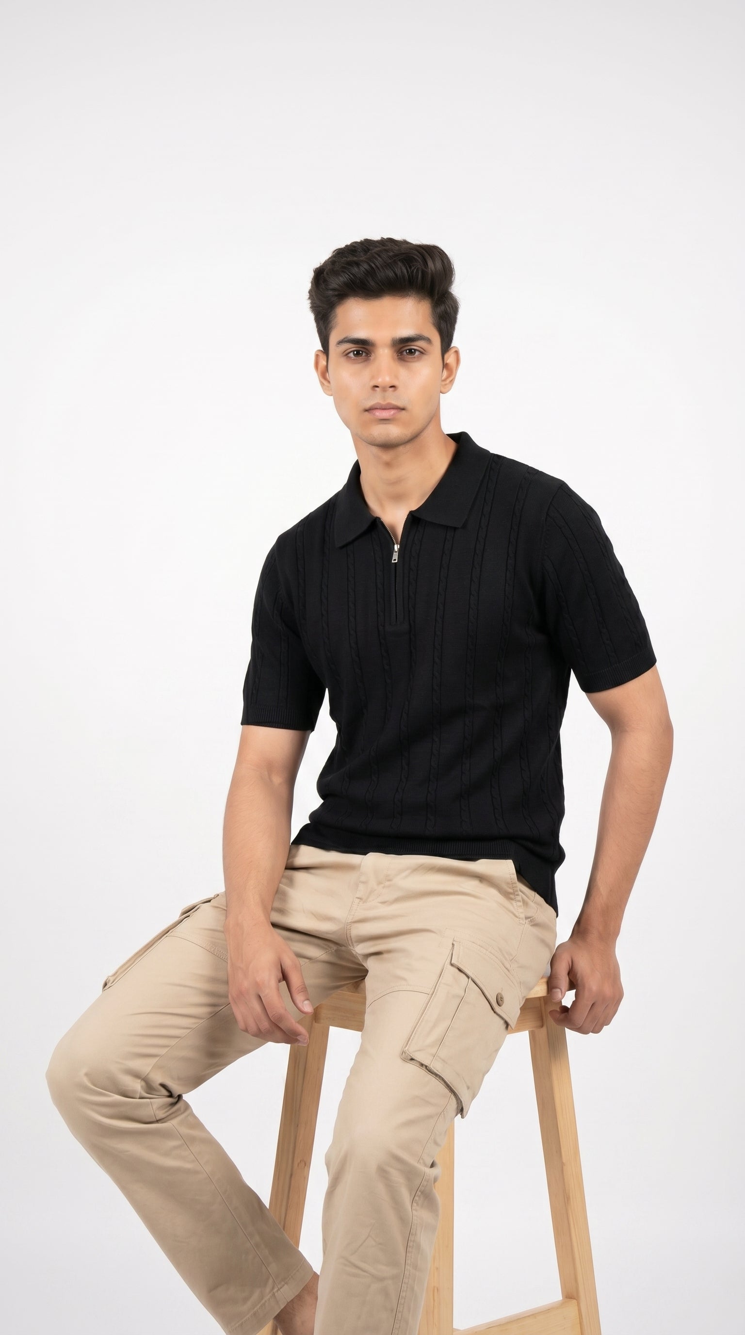 Men's Cable Knit Half-Zip Polo T-Shirt | Slim Fit | Half Sleeve | Textured Self-Design Knitwear |