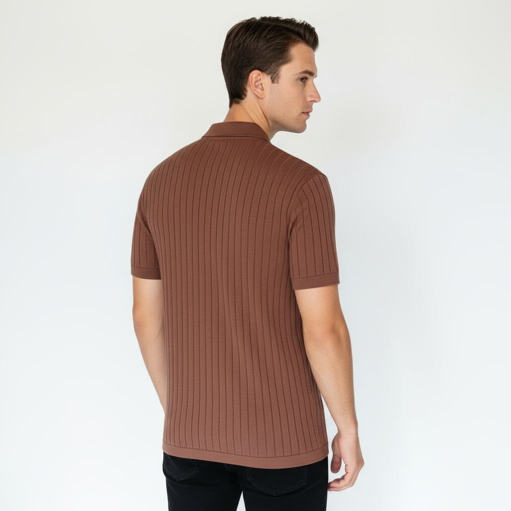 Men's Textured Knit Polo T-Shirt with Vertical Ribs