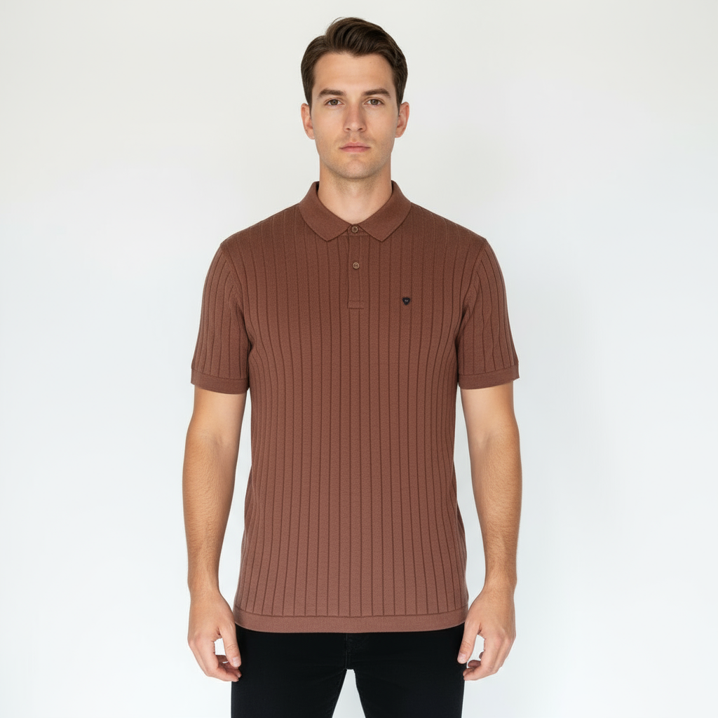 Men's Textured Knit Polo T-Shirt with Vertical Ribs