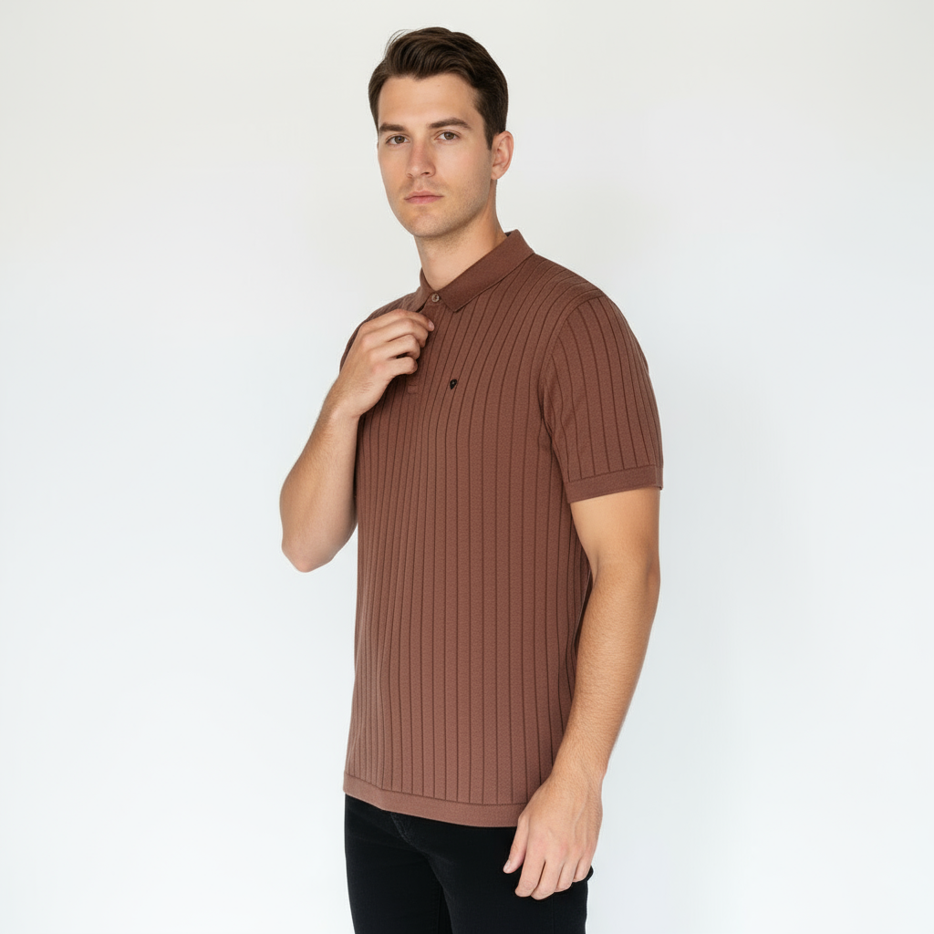 Men's Textured Knit Polo T-Shirt with Vertical Ribs